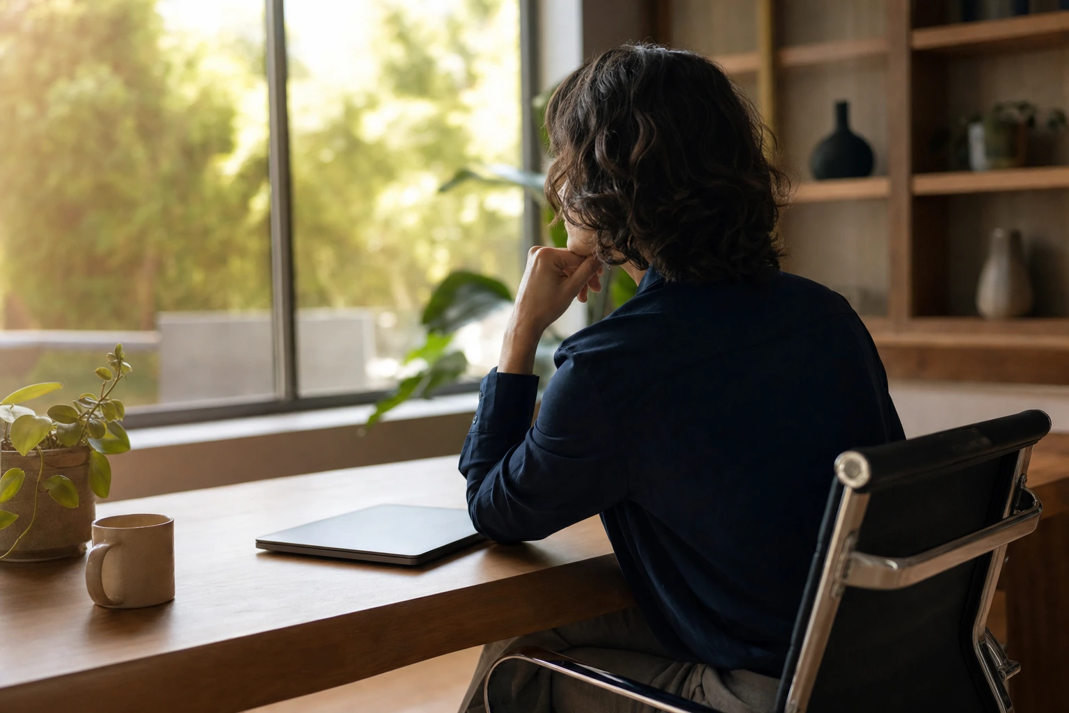 Calm workspace of a person thinking in front of a closed laptop in natural light, illustrating a controlled use of AI content