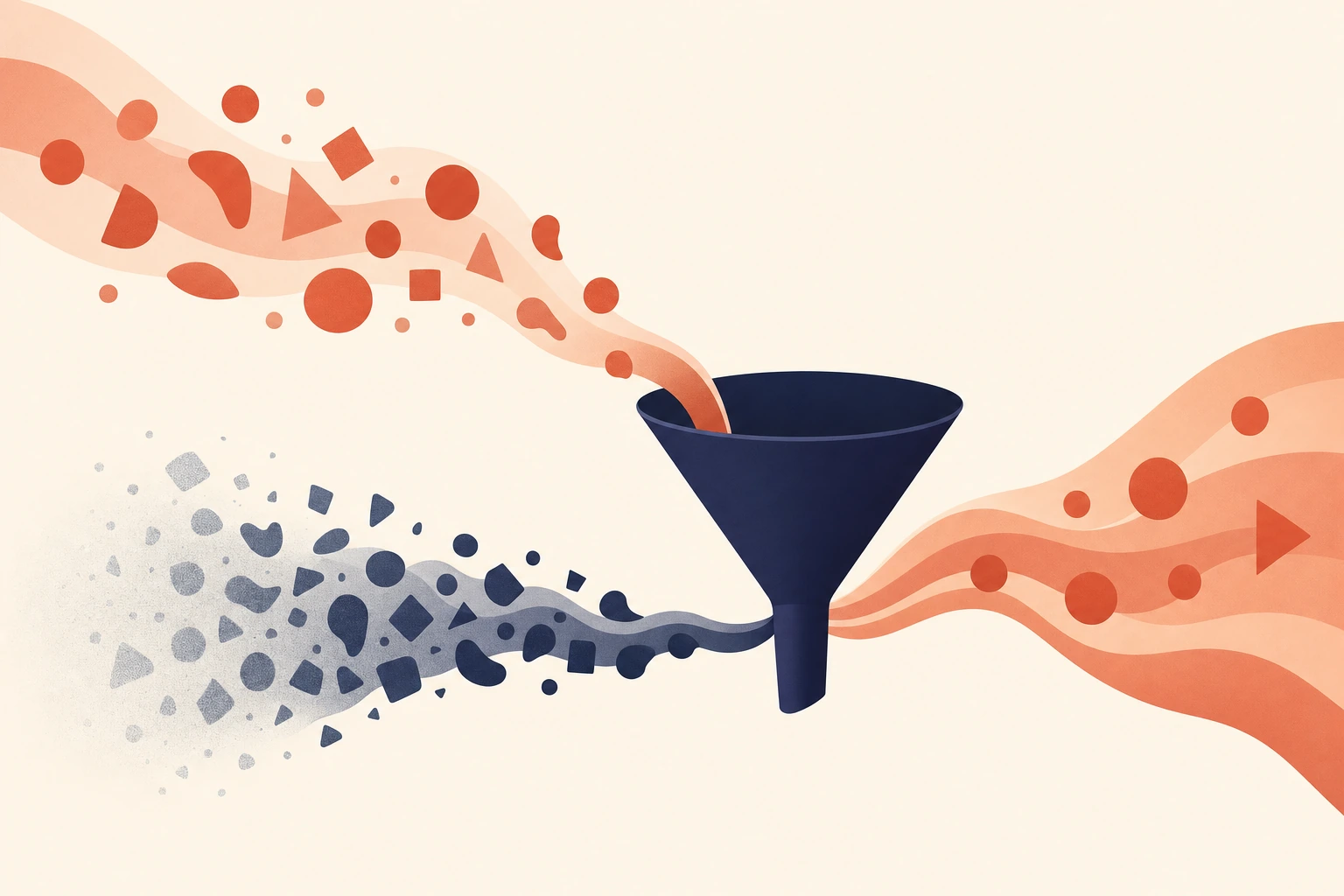 Conceptual illustration of two content streams passing through a quality filter: one fades away, the other passes through clearly
