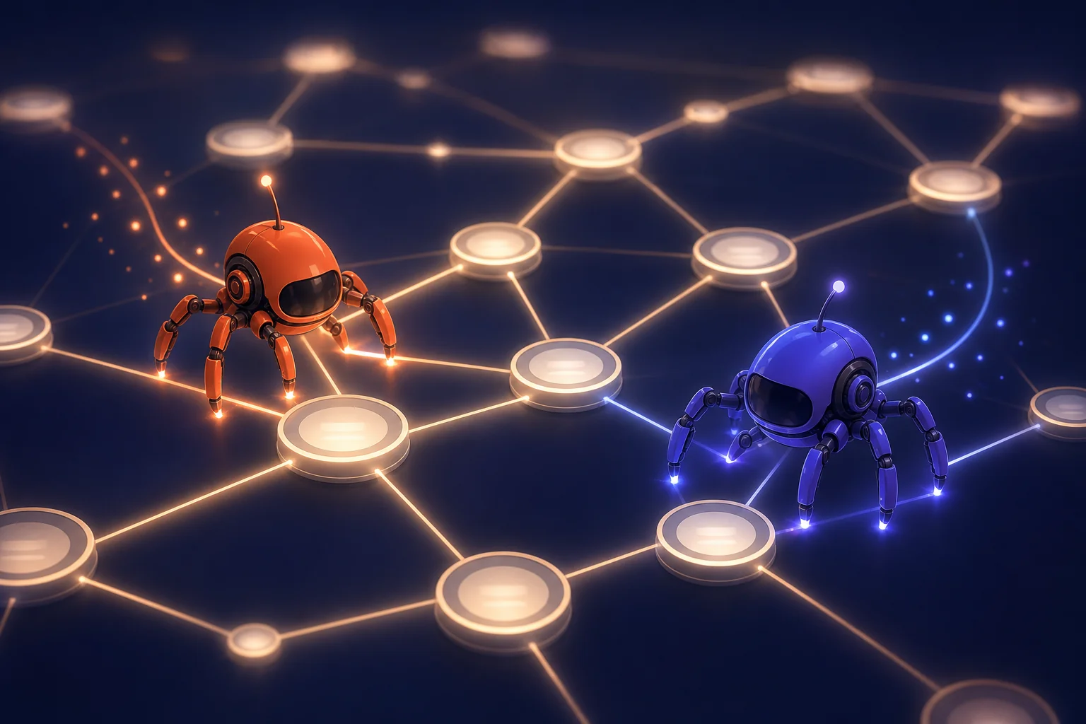 Deux robots d'exploration du web, un crawl IA et Googlebot, parcourant un même réseau de pages interconnectées