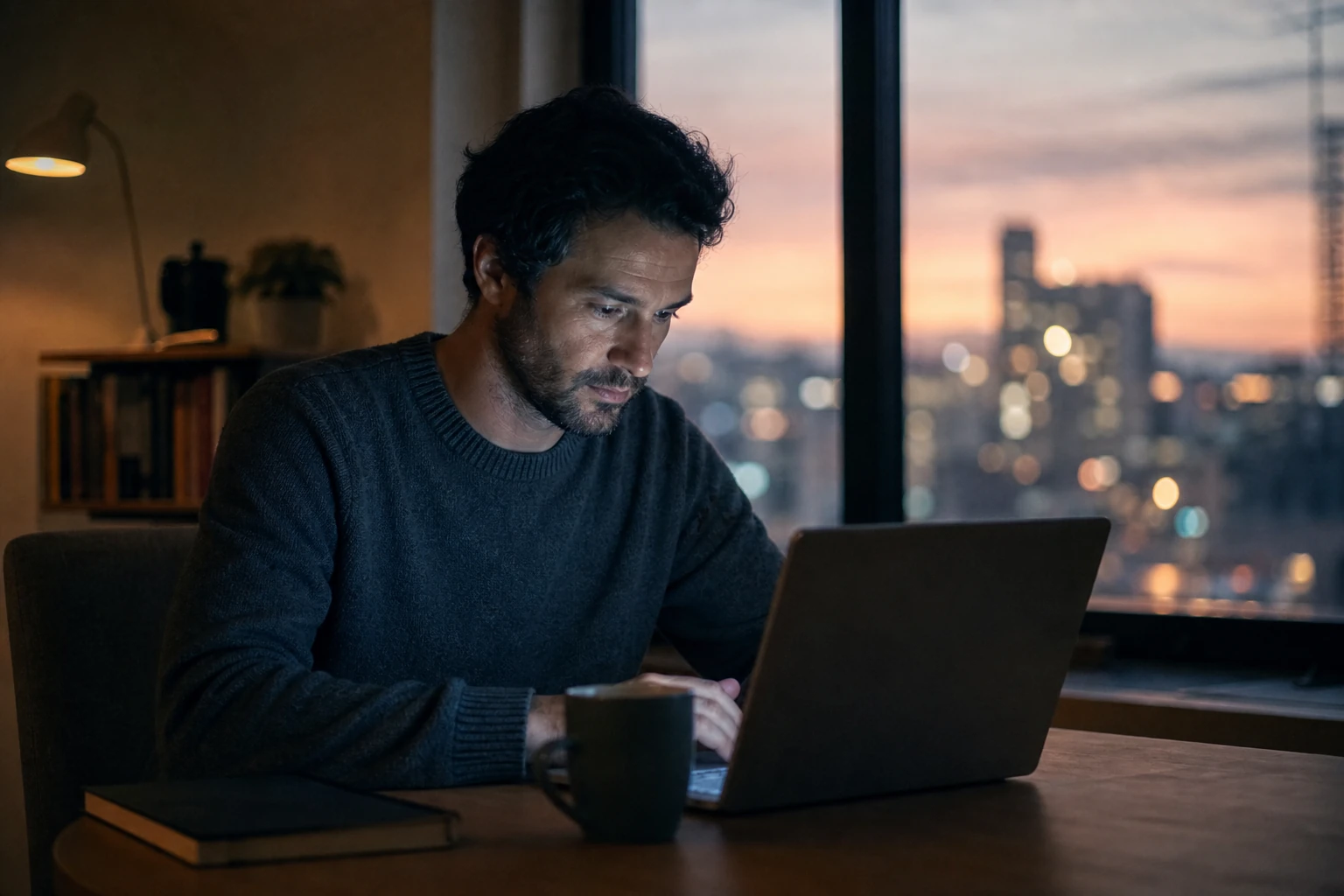 A person reading a single direct answer on a laptop in a calm office at dusk, city lights blurred through the window behind them
