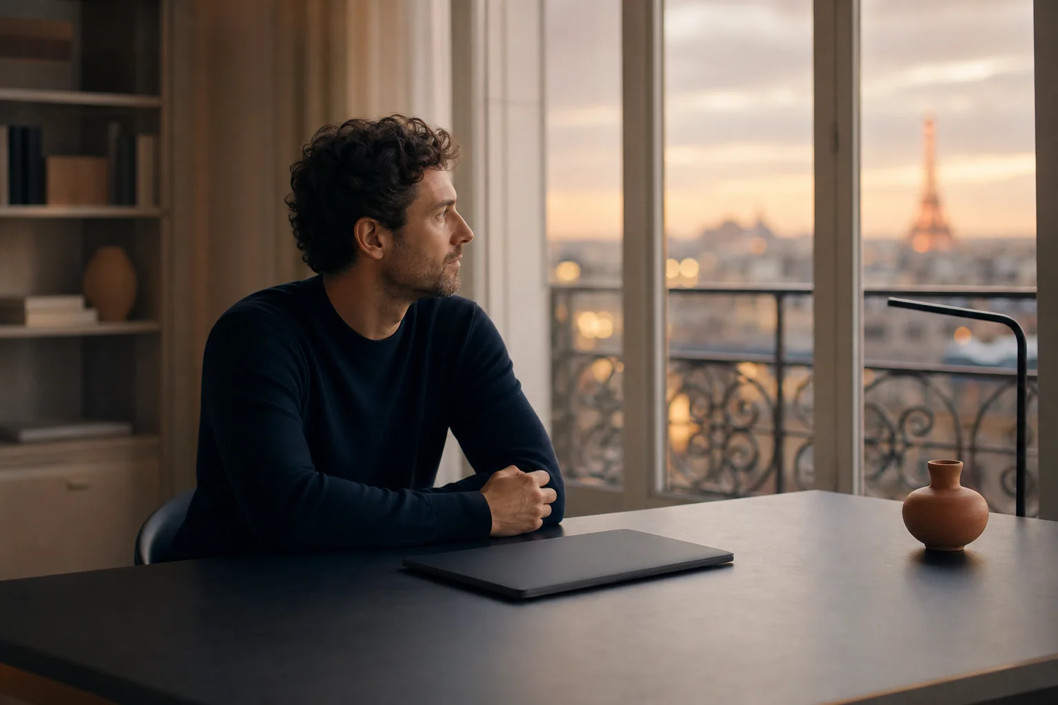 Founder of Cicero Studio working calmly in a Parisian office, running an AI-augmented French SEO content operation