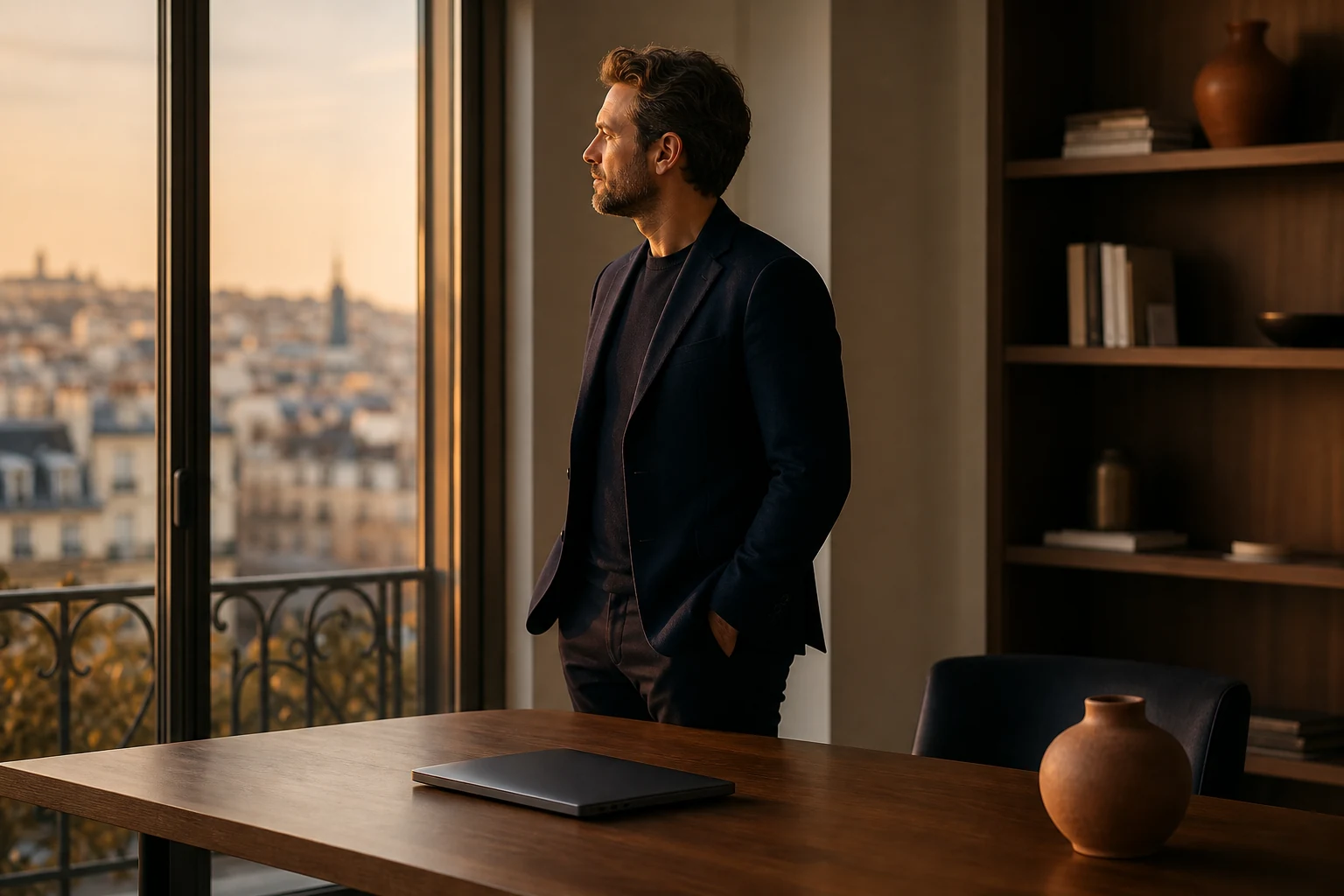 Founder of an AI SEO agency weighing a content strategy at golden hour in a calm Parisian office