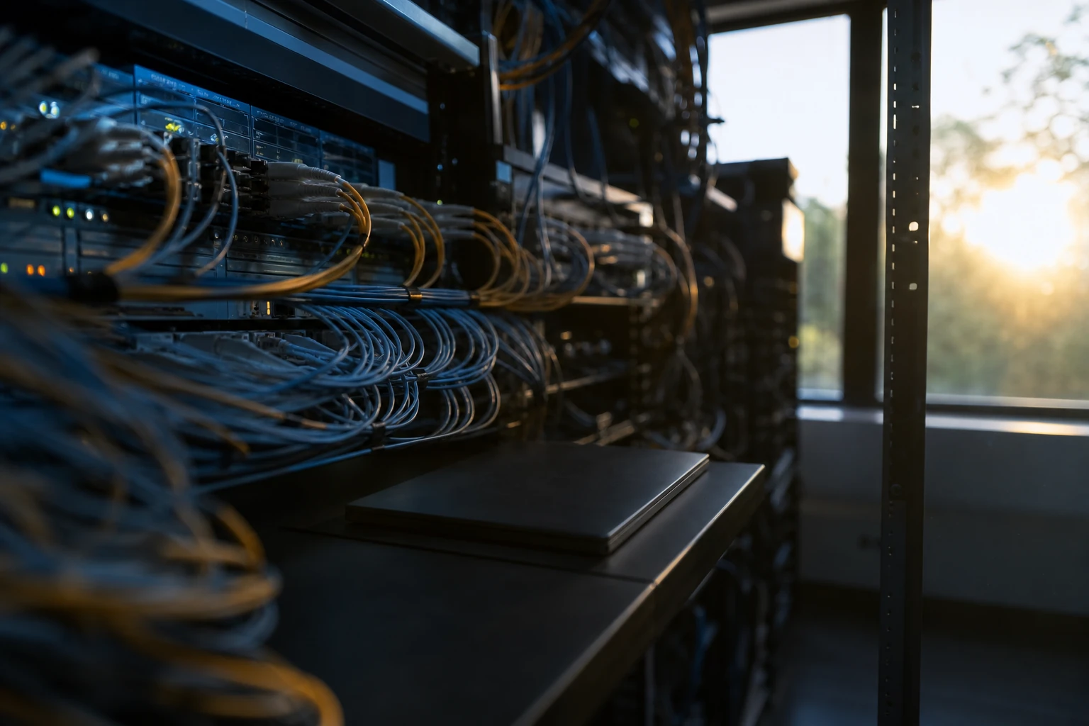 A narrow network operations aisle with a dense fiber-optic patch panel in soft blue and amber light and a single closed laptop on a metal shelf