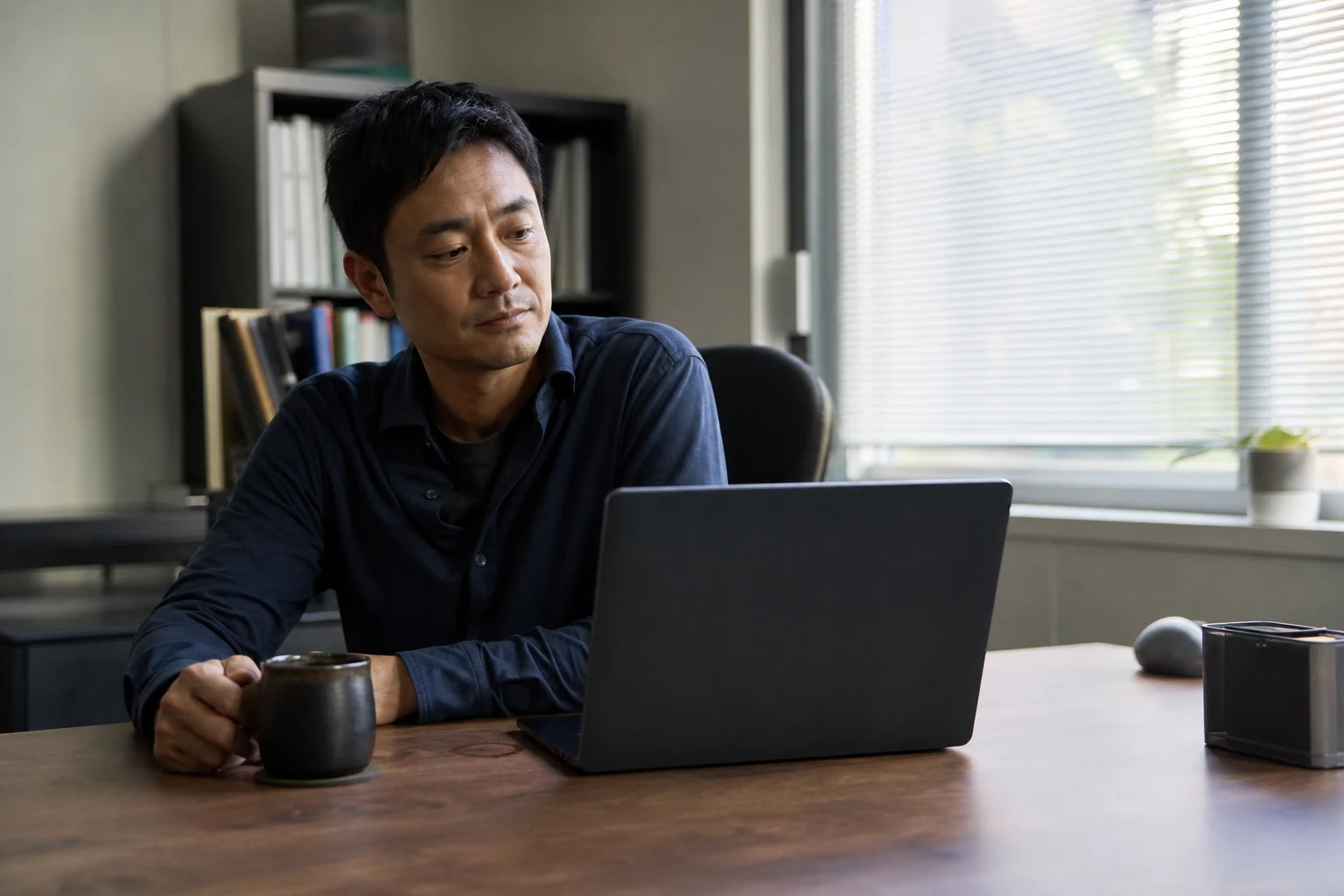 A person at a plain office desk glancing thoughtfully at a closed laptop in soft afternoon light, a blurred bookshelf behind them