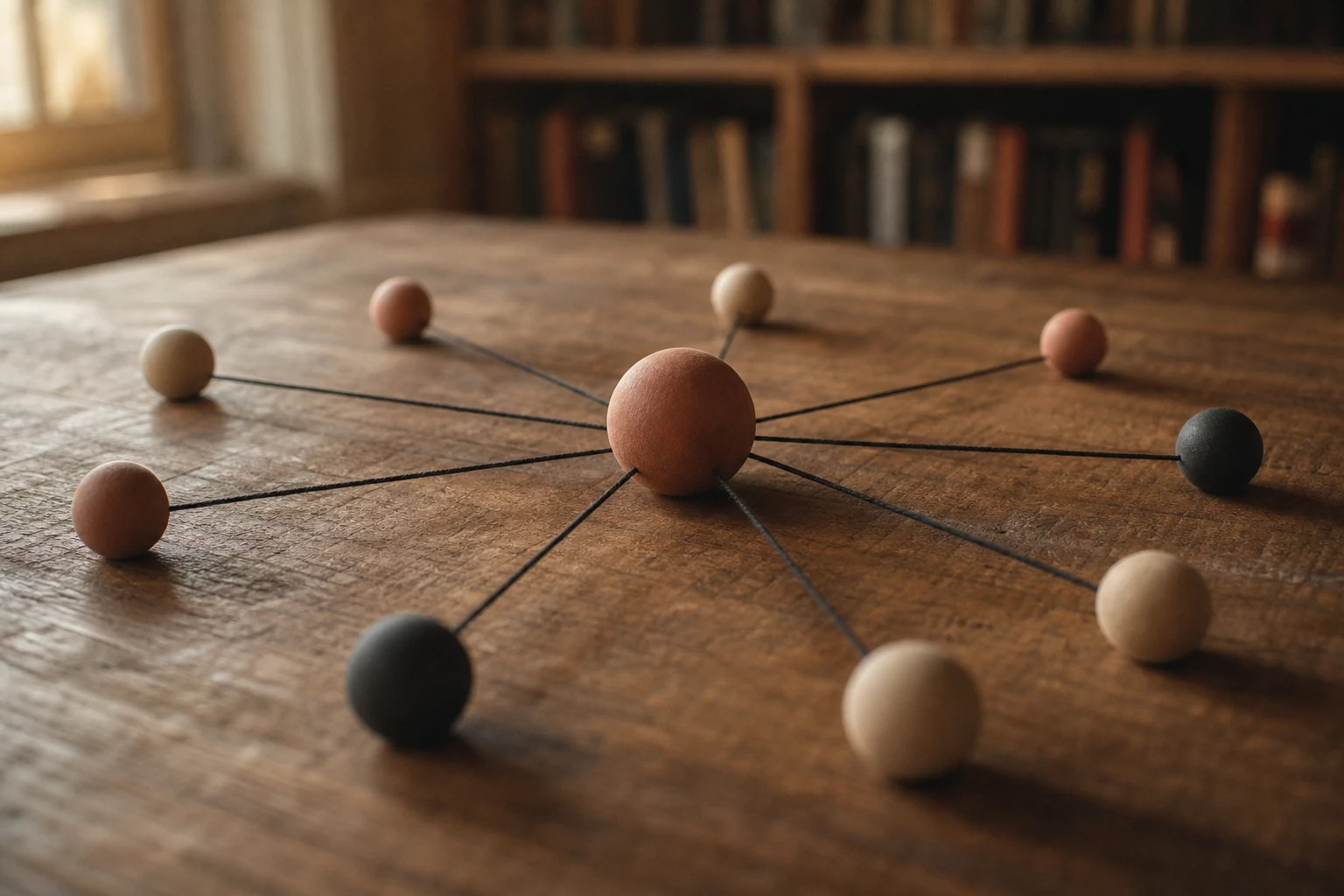 A tabletop model of small wooden spheres connected by fine threads into a hub-and-spoke network, one central sphere linked outward to several smaller ones, warm window light and a blurred bookshelf behind