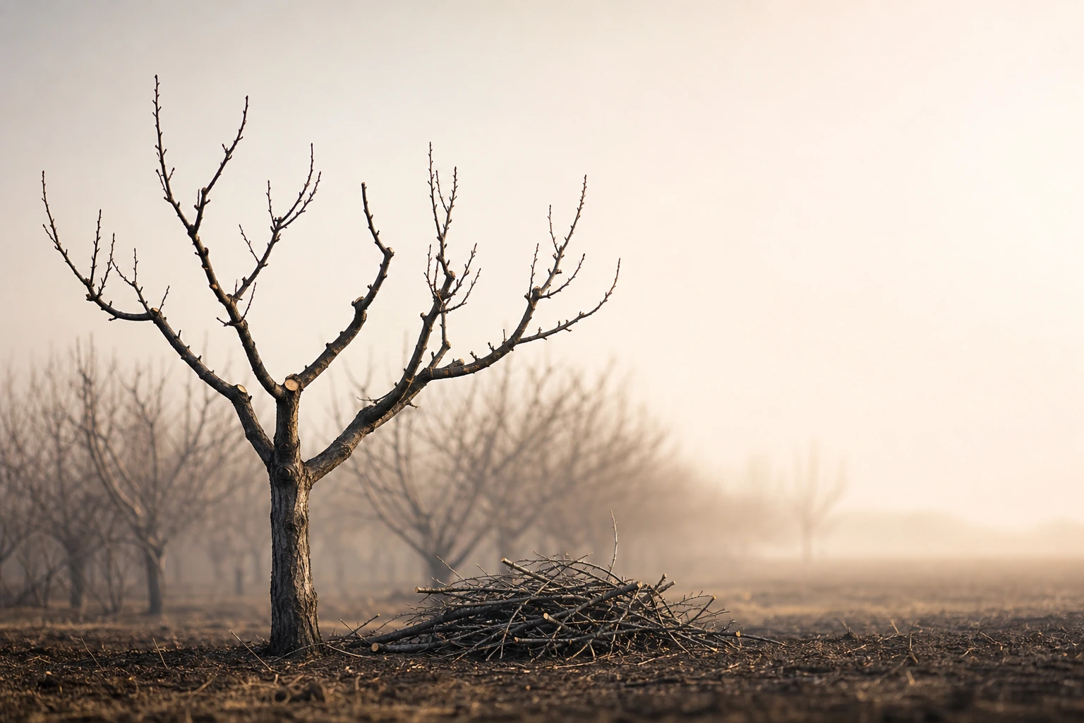 A single mature orchard tree freshly pruned into a clean open branch structure, with the cut branches gathered in a pile on the bare ground beside it, surrounded by untended overgrown trees blurred in the morning haze
