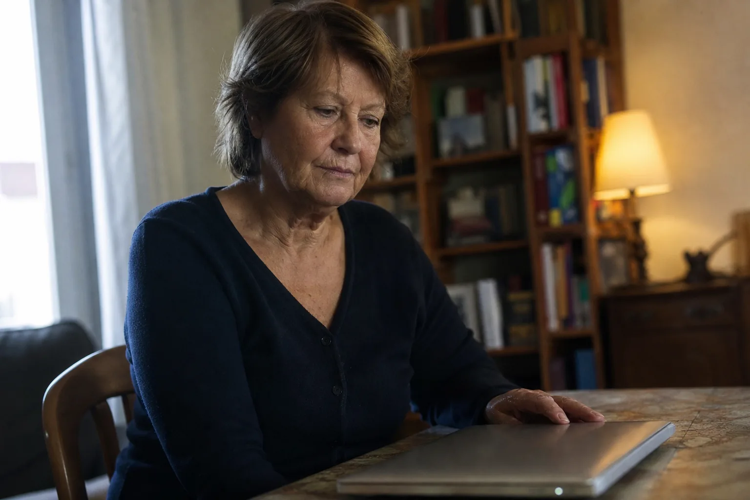 An older woman sitting at a home table in warm lamplight, one hand resting on a closed silver laptop, looking down as she weighs a consequential health or money decision