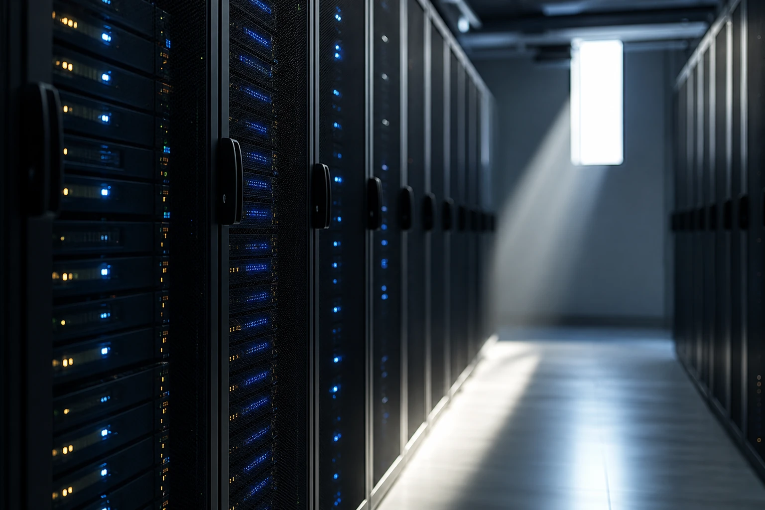 A quiet modern data center aisle with two rows of server racks receding into soft depth, gentle blue and amber indicator lights, a beam of daylight across the floor