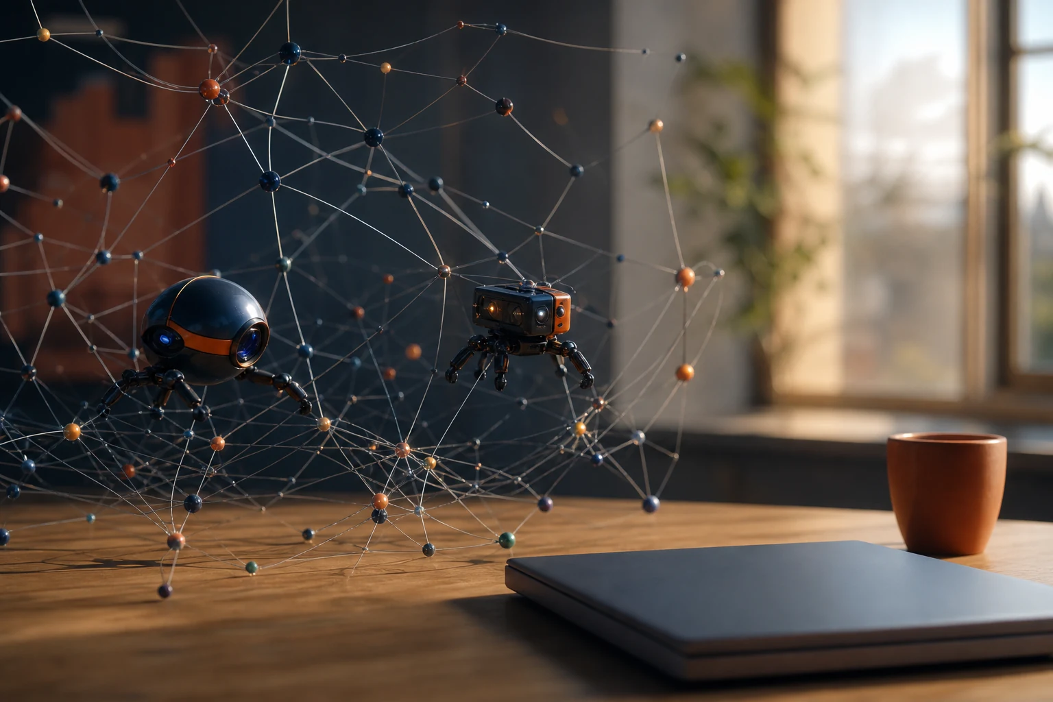 Two distinct exploration robots gliding through the same web of interconnected glowing pages, one an AI crawl and one Googlebot