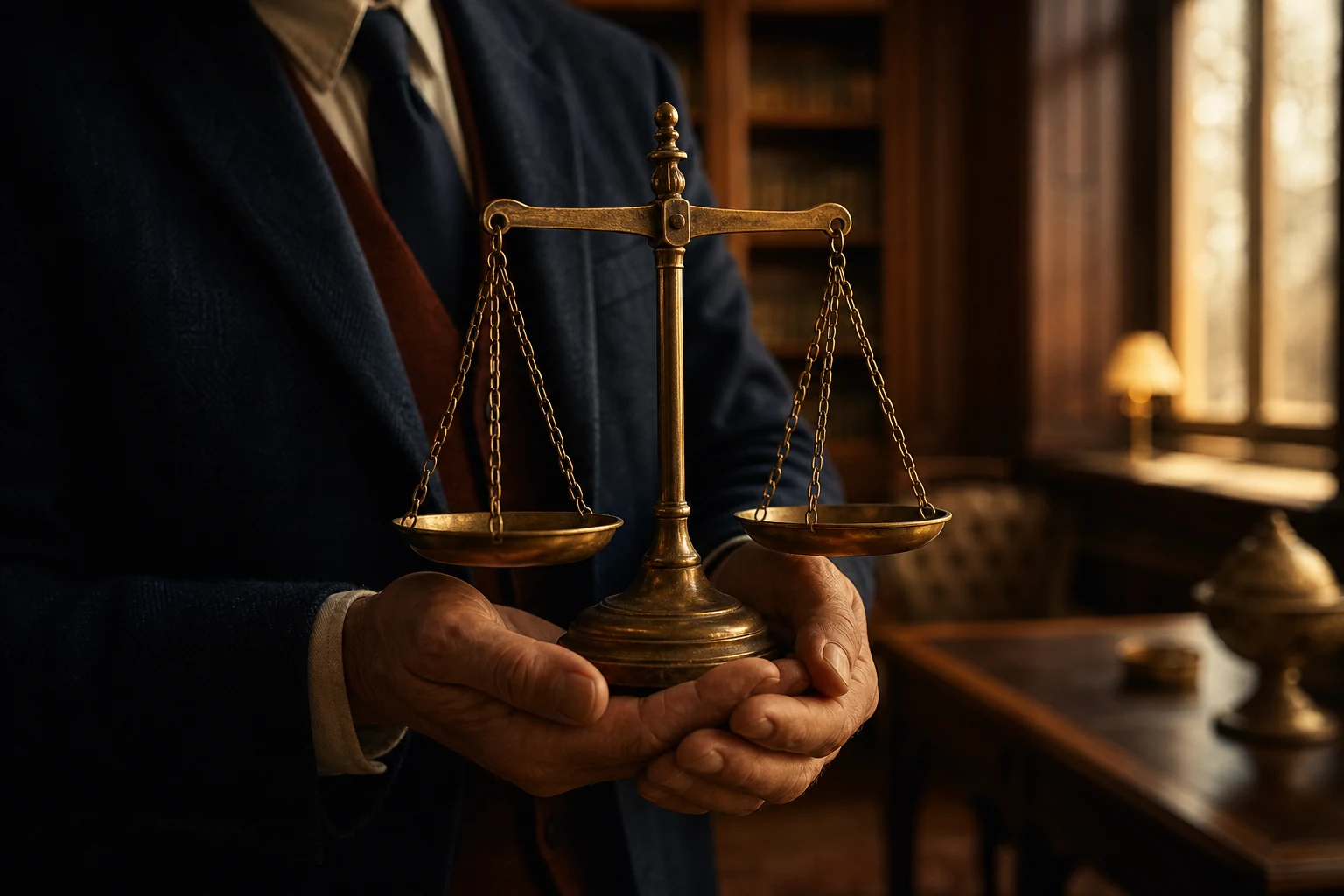 Weathered hands holding an antique brass balance scale in warm daylight, its two empty pans in delicate equilibrium, a blurred wood-panelled library behind