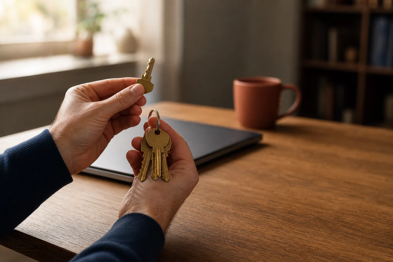 Two hands over a wooden desk lifting one single brass key away from a ring of several nearly identical brass keys, a closed laptop and a terracotta mug blurred beside them