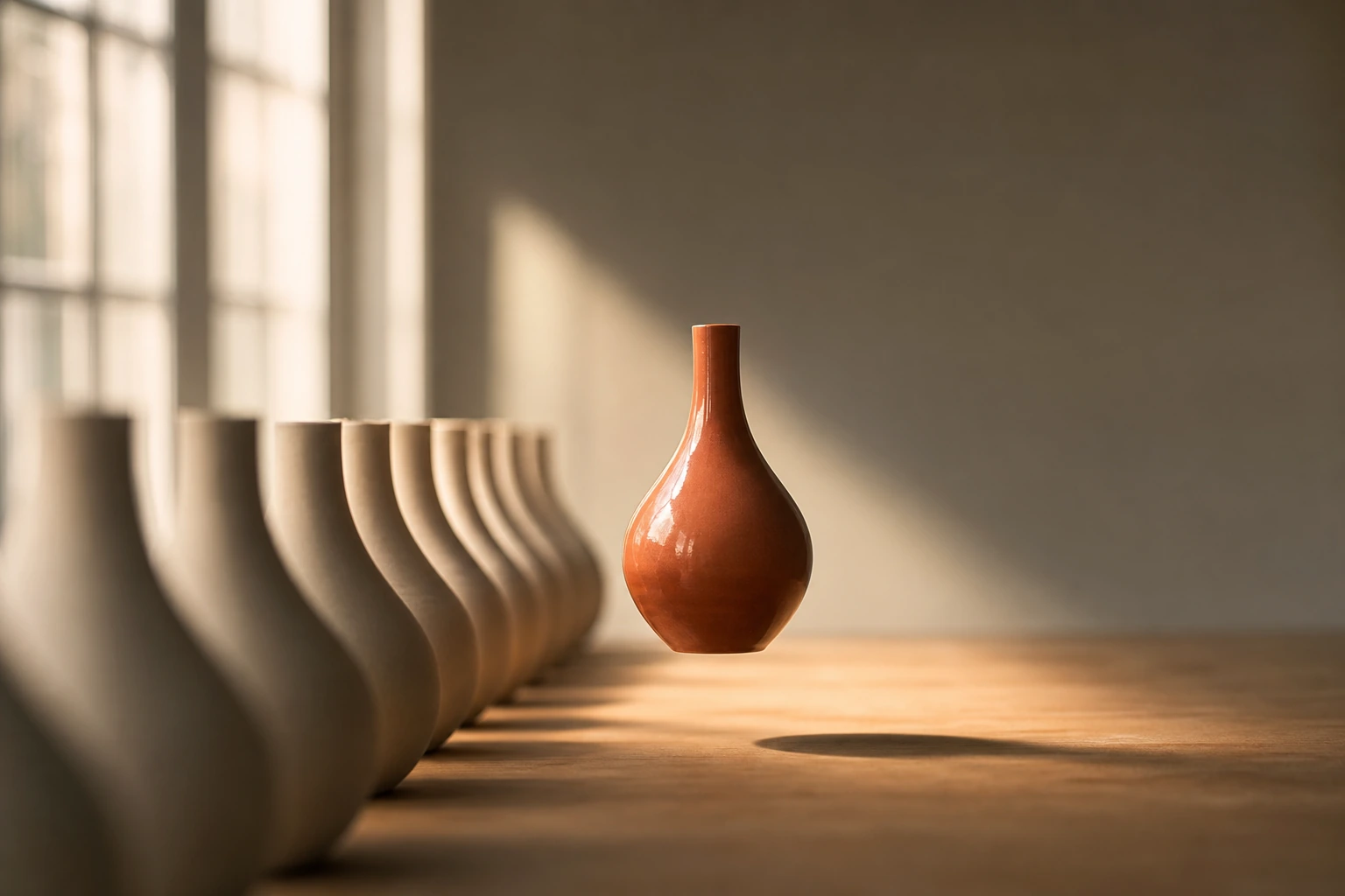A row of near-identical unmarked ceramic vessels blurred on an oak table, one terracotta vessel lifted into a shaft of daylight and sharply in focus