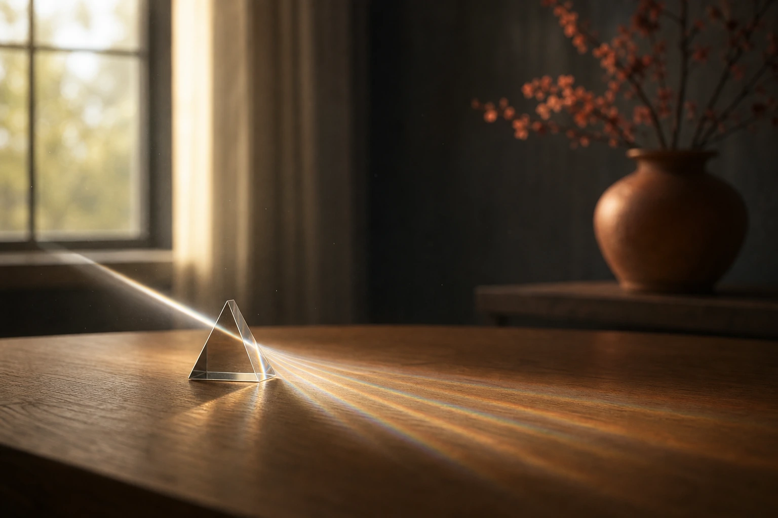 A glass prism on an oak table splitting one shaft of daylight into a fan of diverging rays, dust motes floating in the light