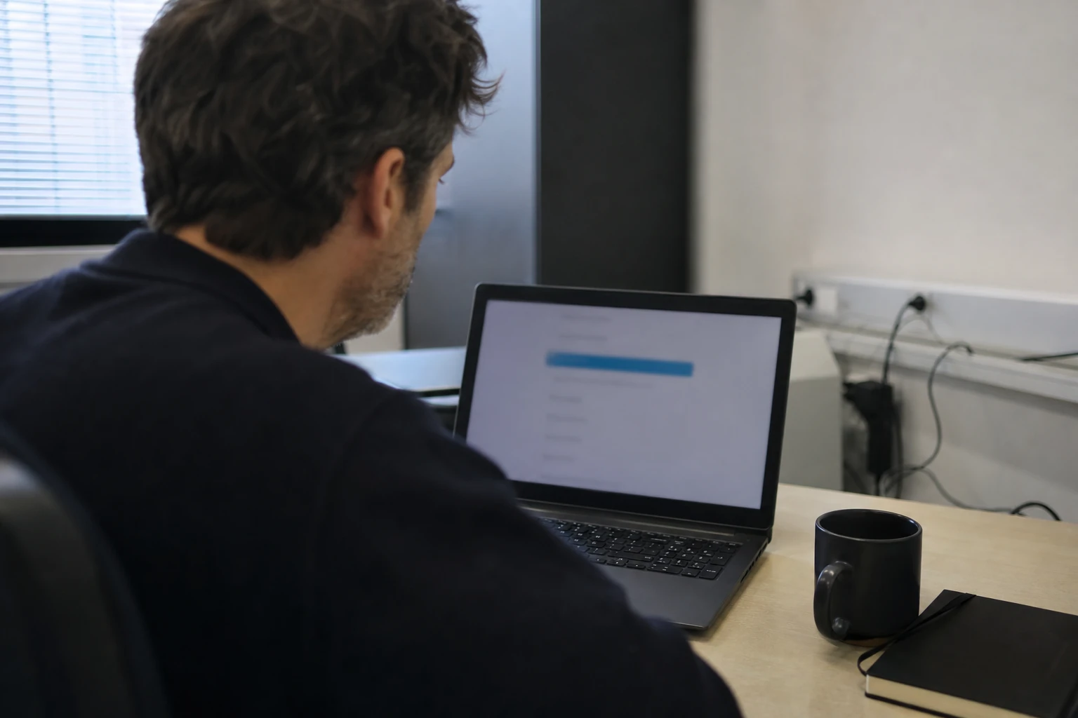 A person glancing at a single highlighted answer at the top of a laptop screen in a plain office, afternoon light through the window behind them
