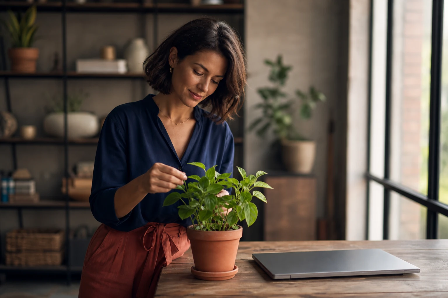A person by a bright window gently tending a small fresh green plant on a clean desk beside a closed laptop, warm morning light and a blurred bookshelf behind