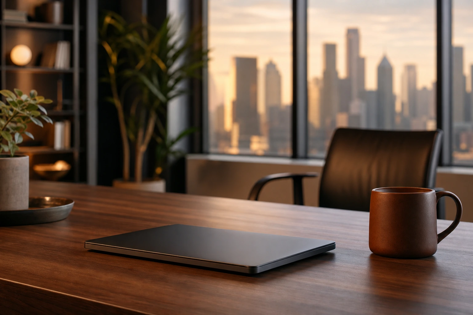 A calm, considered B2B workspace with a single closed laptop, a ceramic mug and a soft-focus city skyline through a window, evoking trust and craftsmanship