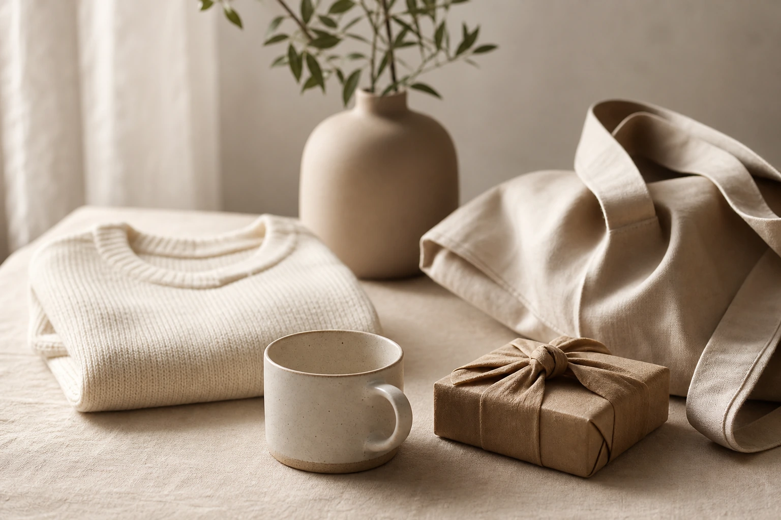 A calm tabletop scene of curated consumer products representing modern online retail and AI-assisted product discovery