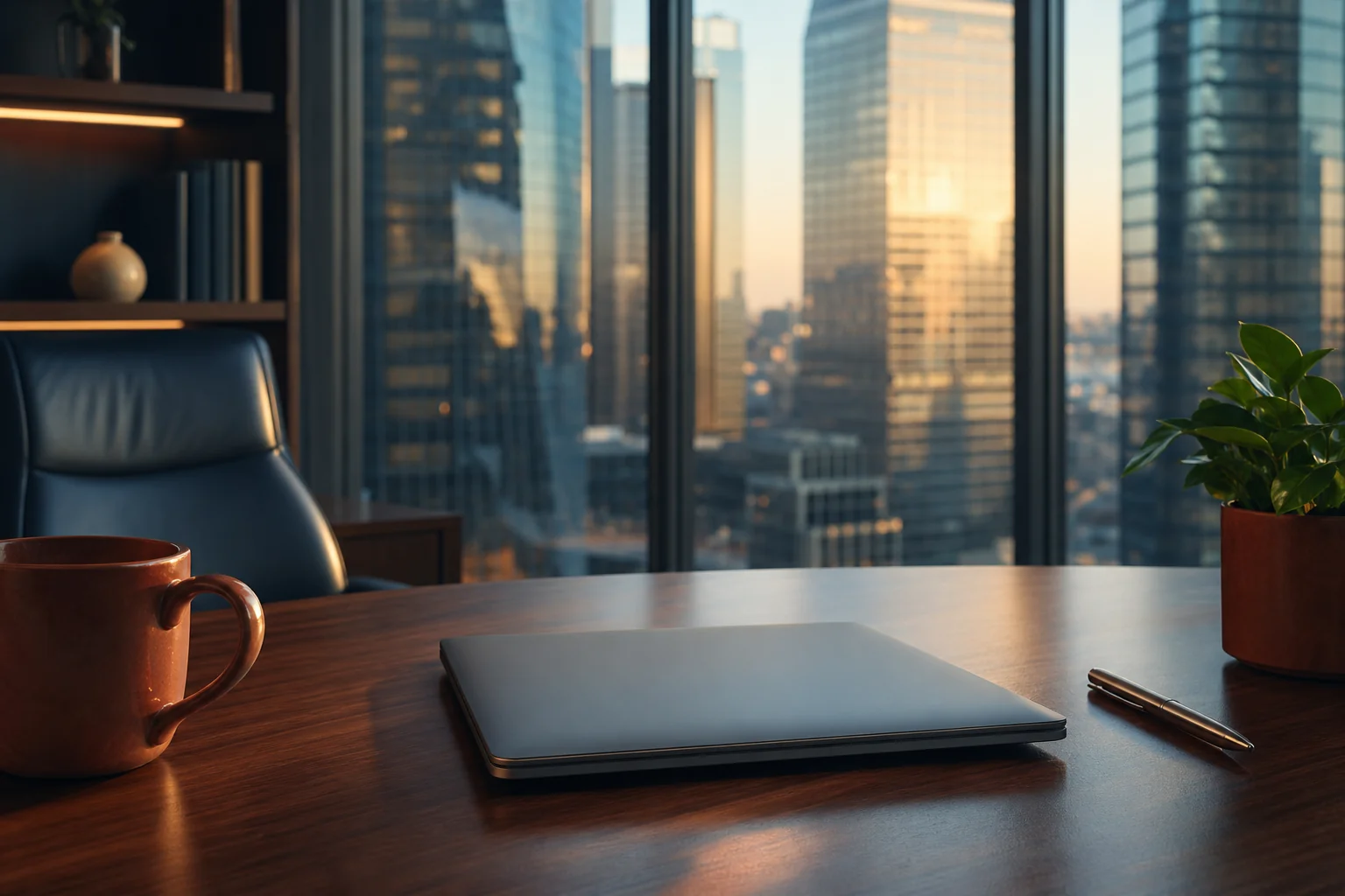 A calm premium financial-district office at golden hour with a single closed laptop on a walnut desk and a soft-focus city skyline of glass towers, evoking trust and modern finance craftsmanship