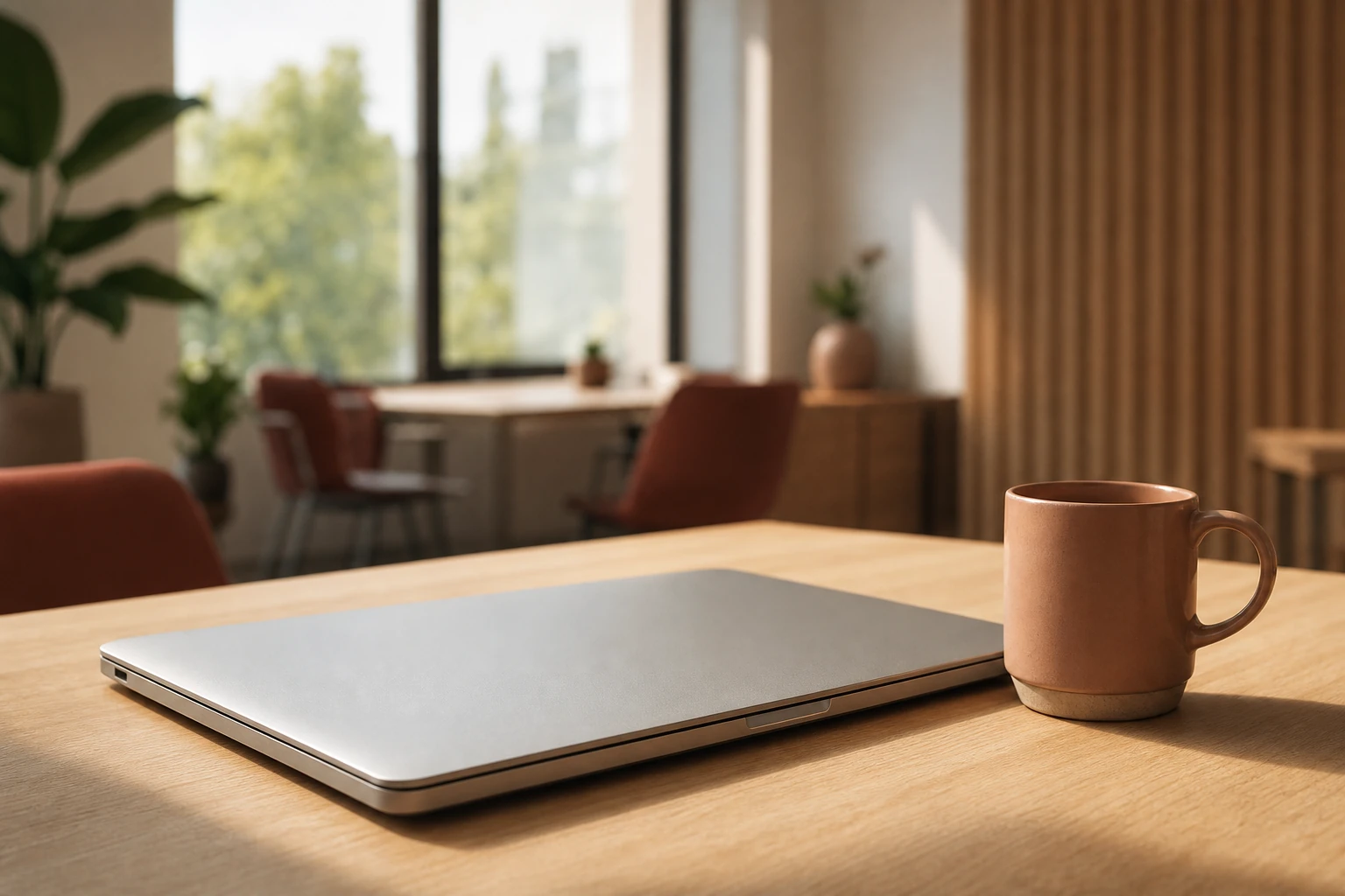 A calm modern training-room workspace with a single closed laptop, a ceramic mug and a soft-focus window, evoking education clarity and craftsmanship