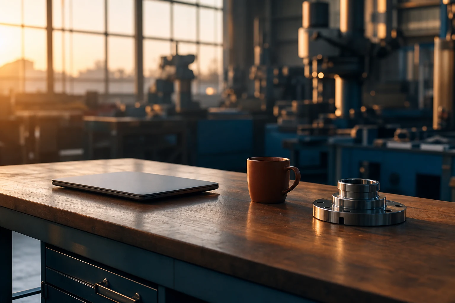 A calm industrial engineering workspace with a single closed laptop, a precision component on a clean bench and a soft-focus factory floor through a window, evoking trust and technical craftsmanship