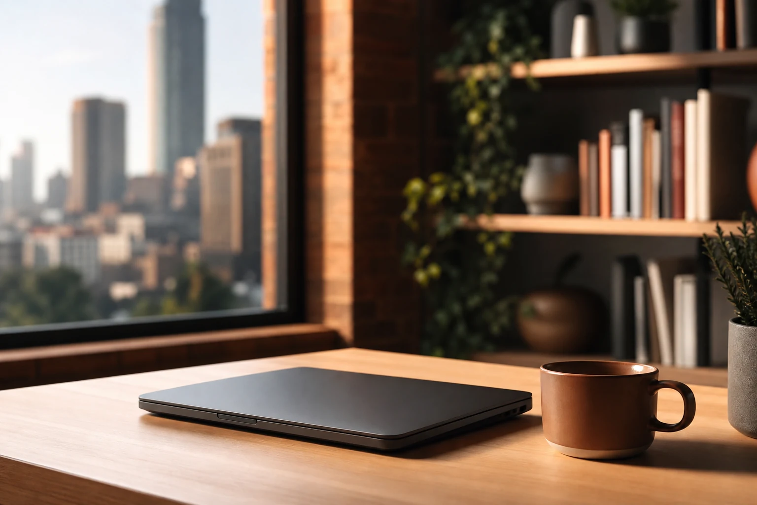 A calm editorial workspace evoking a modern newsroom: a single closed laptop, a ceramic mug and a soft-focus city skyline through a large window