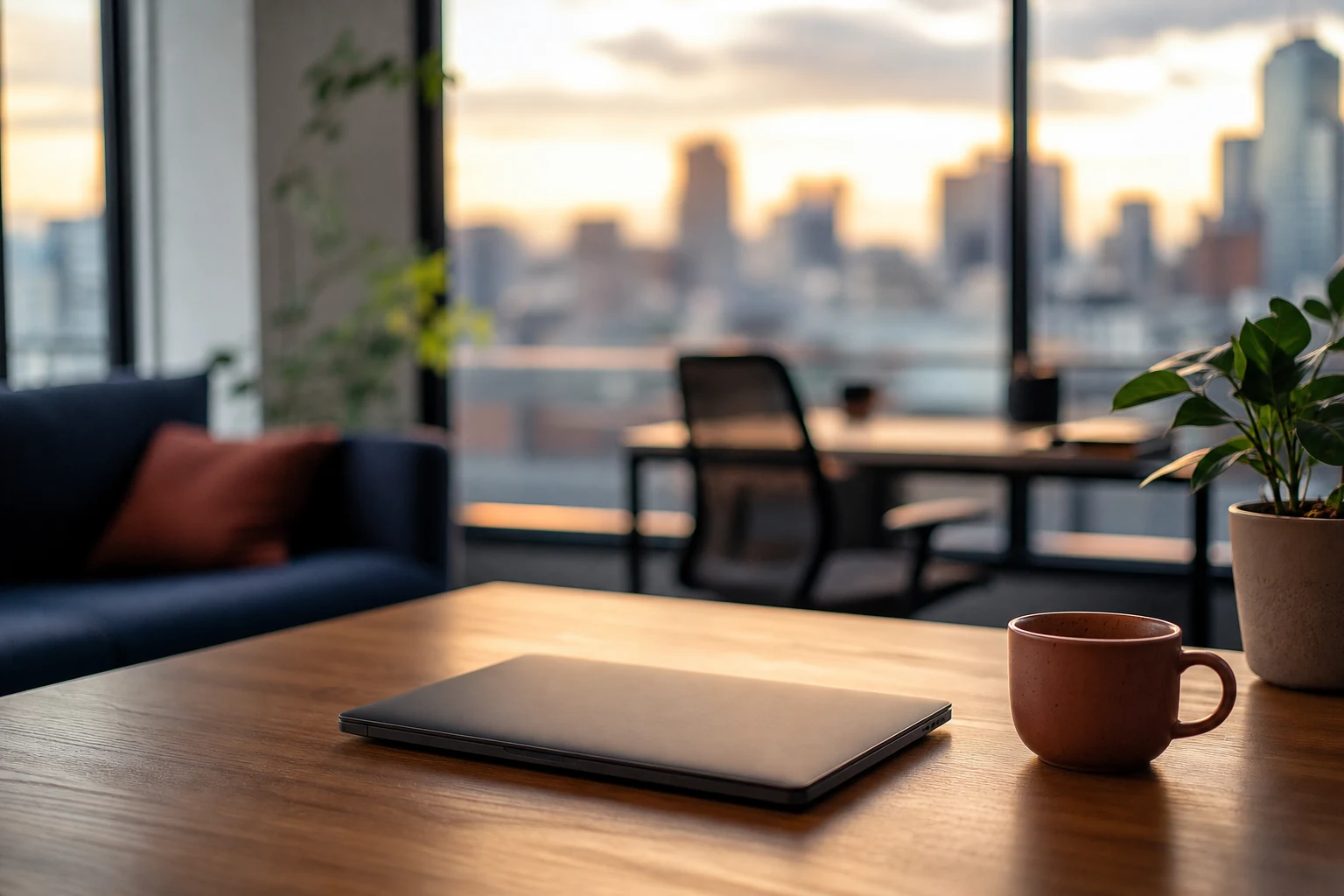 A calm modern SaaS workspace with a single closed laptop, a ceramic mug and a soft-focus city skyline, evoking software clarity and craftsmanship