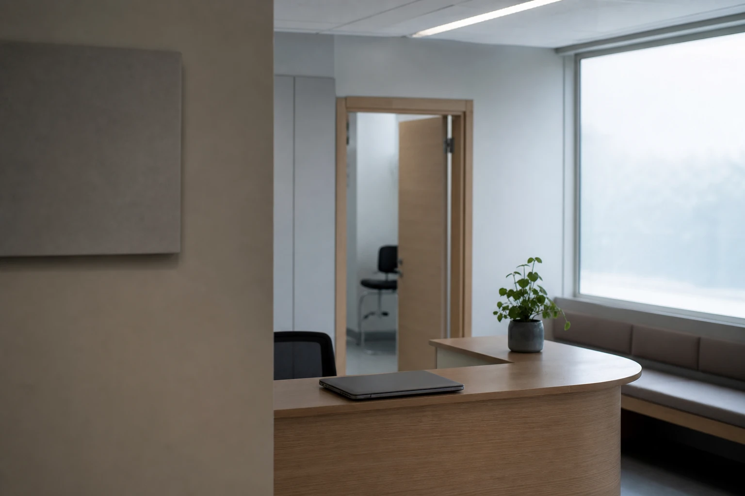 A calm medical reception area in soft morning light with a single closed laptop and a small plant, evoking trust and clarity in healthcare