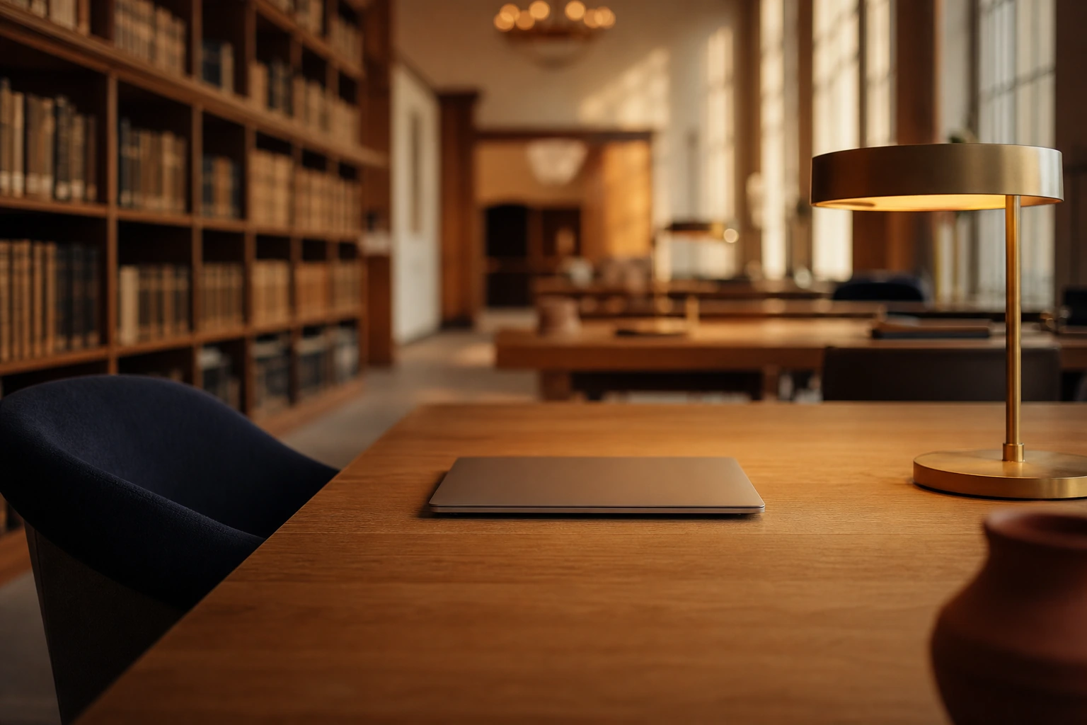 A quiet research reading room at golden hour, a closed laptop on an oak table under a brass lamp, blurred bookshelves receding behind it