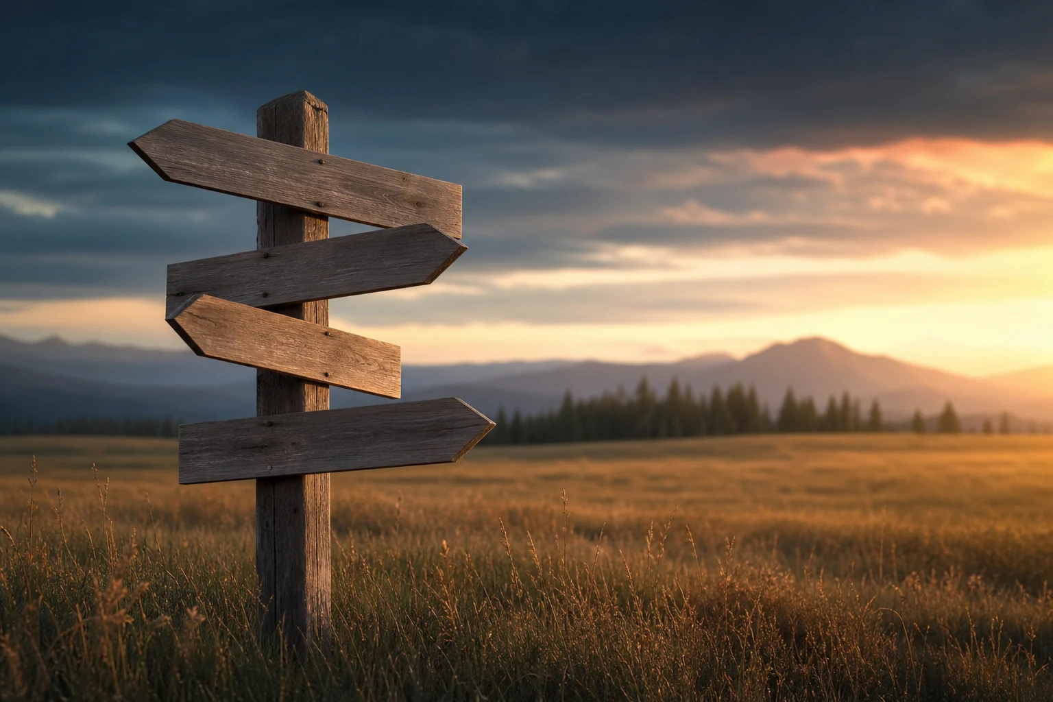 A single wooden signpost with several blank arrow-shaped boards pointing in different directions across a calm open field at soft golden hour, a blurred treeline behind