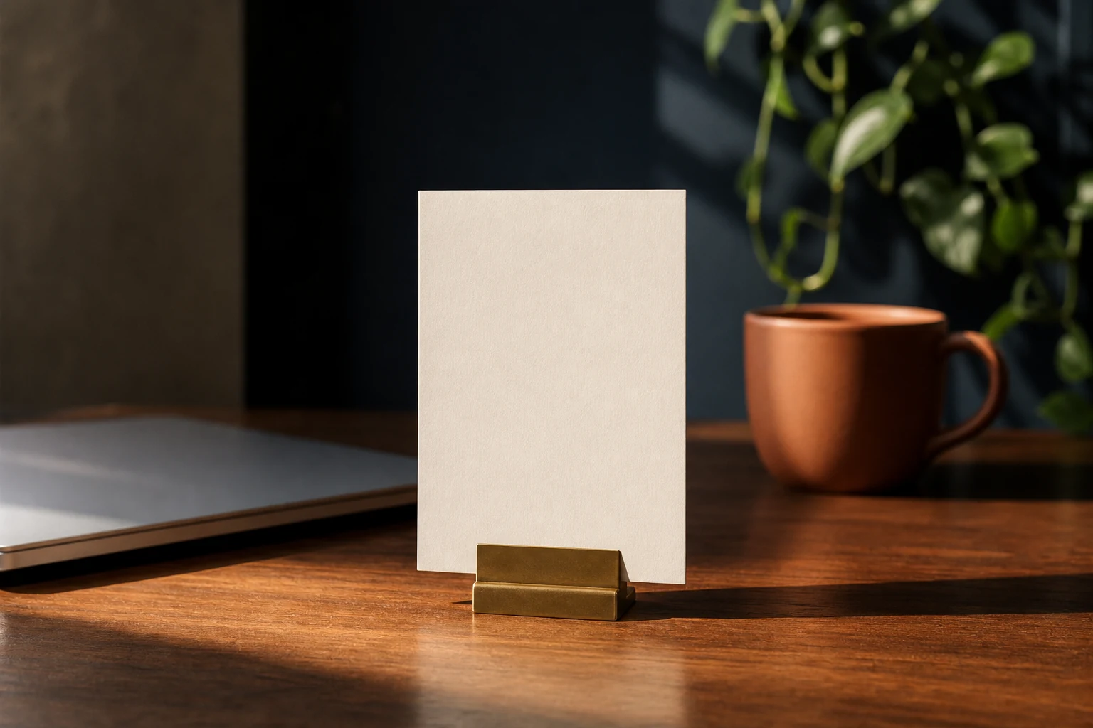 A single blank cream card standing upright in a small brass holder on a warm wooden desk, a closed silver laptop and a terracotta mug softly blurred beside it
