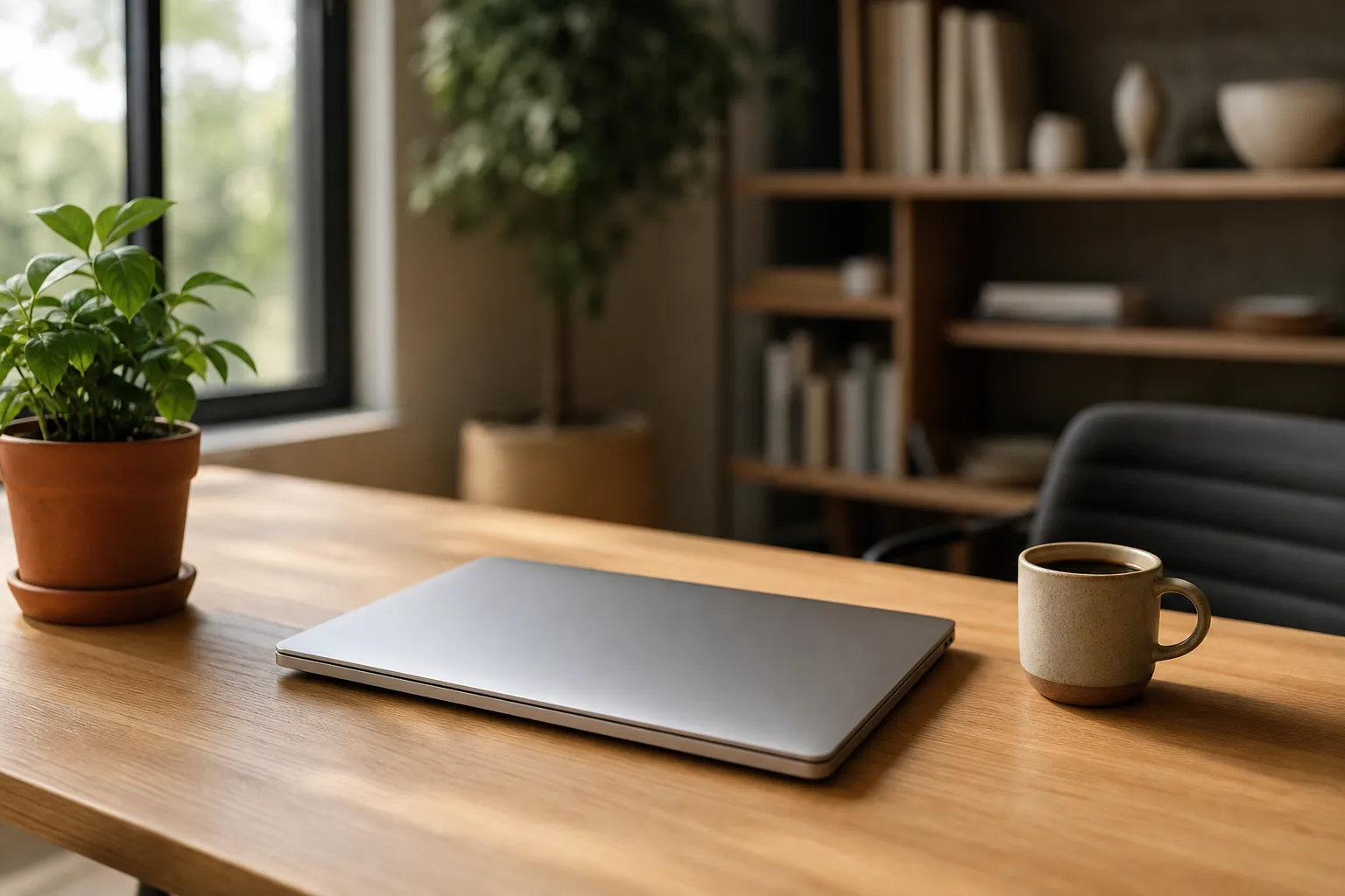 A calm, bright workspace with a single closed laptop, evoking the quiet decision of choosing the right GEO tool
