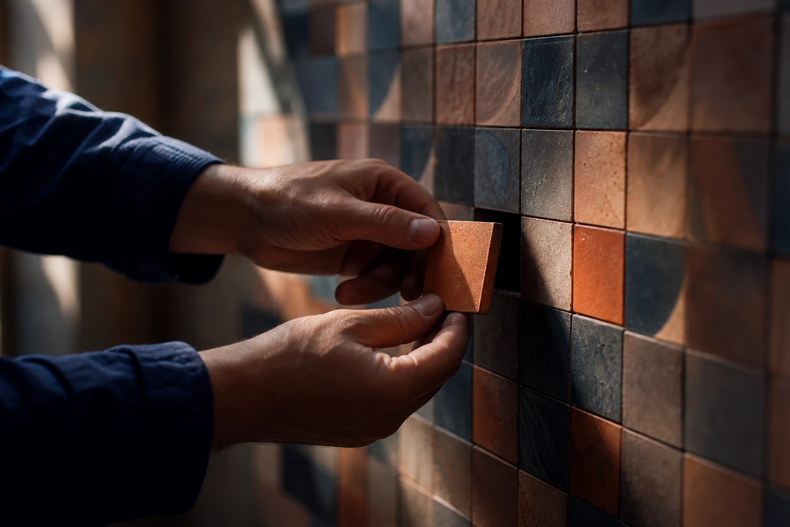 Hands lifting one single terracotta tile out of a large mosaic wall, the rest of the wall blurred