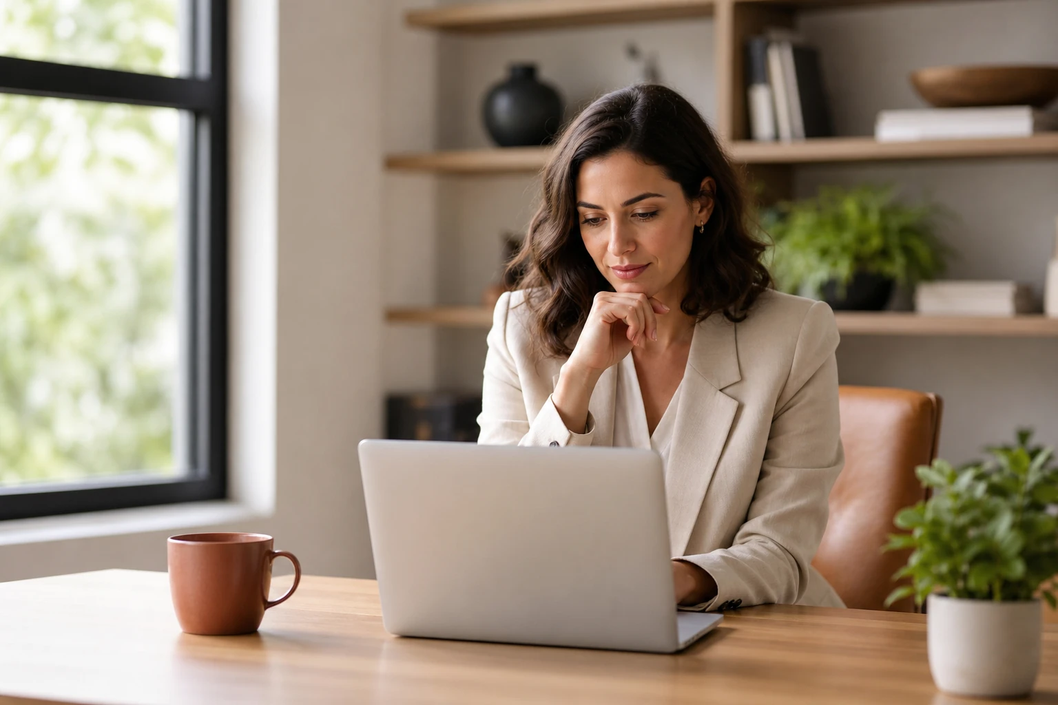 A person comparing options on a single closed laptop at a clean desk in soft daylight, evoking the calm decision of choosing a GEO agency