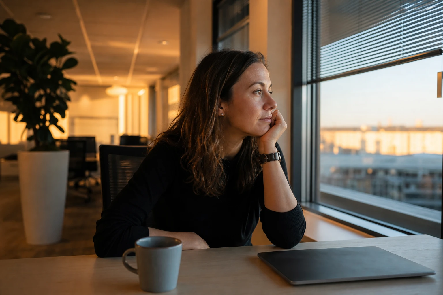 Content strategist reviewing an editorial plan at golden hour in a calm office, a closed laptop on the desk