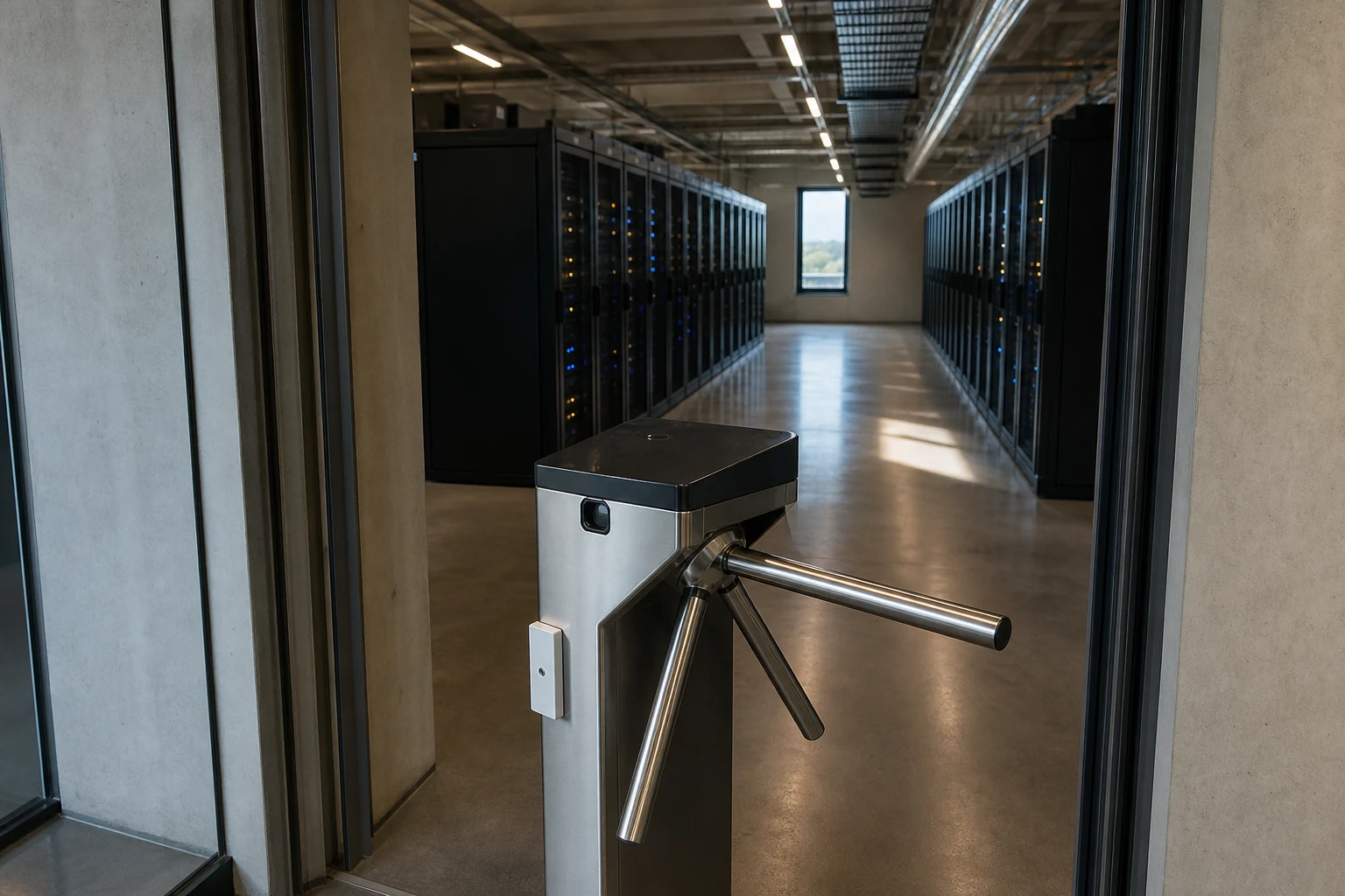 A secure access turnstile at the entrance of a modern data-center corridor, two rows of server racks receding into soft depth with gentle blue and amber indicator lights