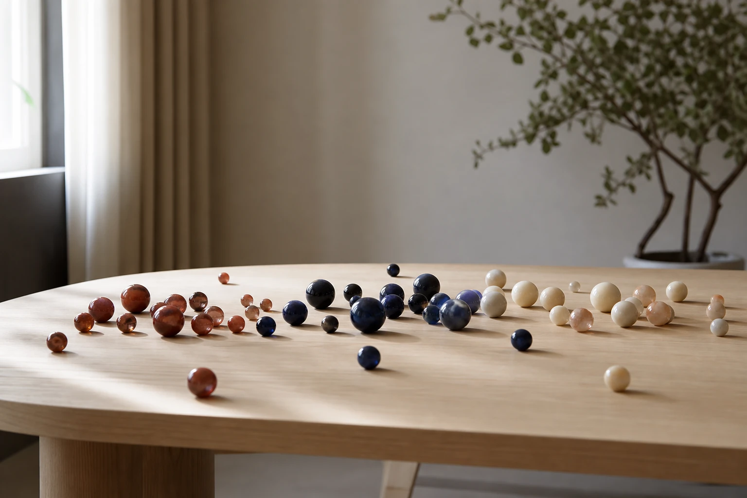 Dozens of small glass and stone spheres in terracotta, indigo and cream tones scattered on a pale oak table, settling into loose clusters by colour with a few strays sitting alone