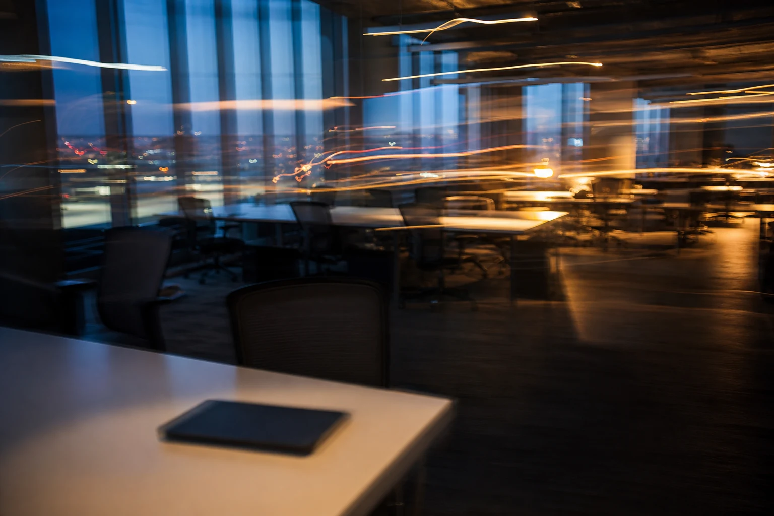 A modern open-plan tech office at dusk with empty desks and long motion-blurred light trails streaking across the frame, suggesting rapid unsettled change, in cool blue and warm amber light
