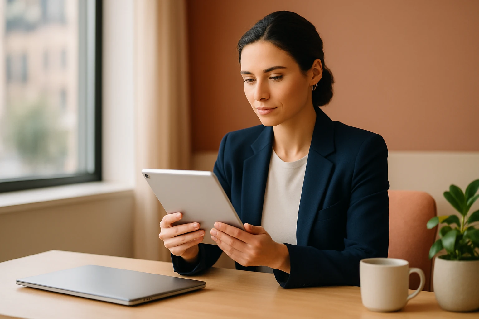 A professional calmly reading a single synthesized answer on a tablet, sourced from many places at once