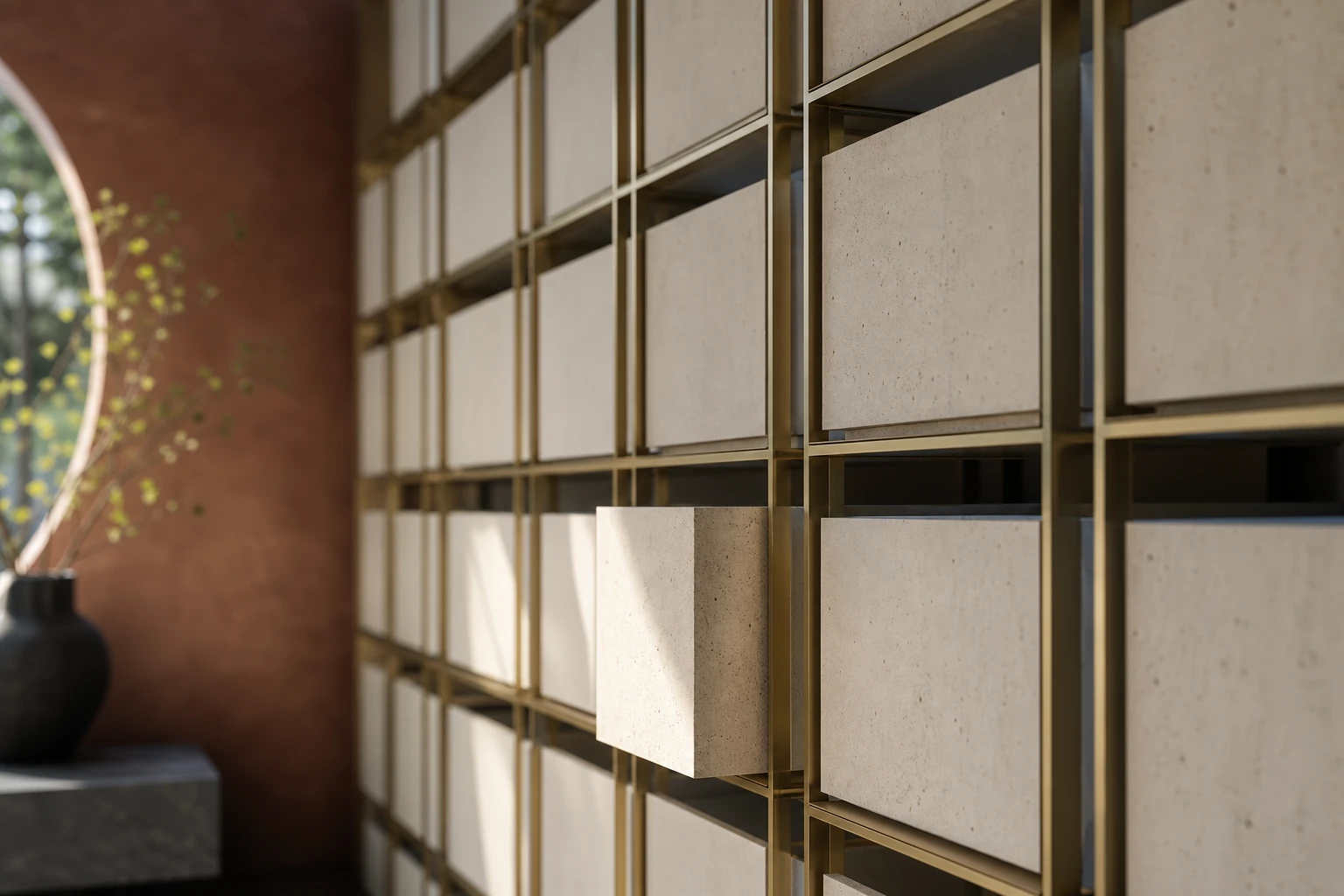 An ordered modular lattice wall of matte off-white blocks framed in warm brass, one block set slightly forward, lit by soft raking daylight