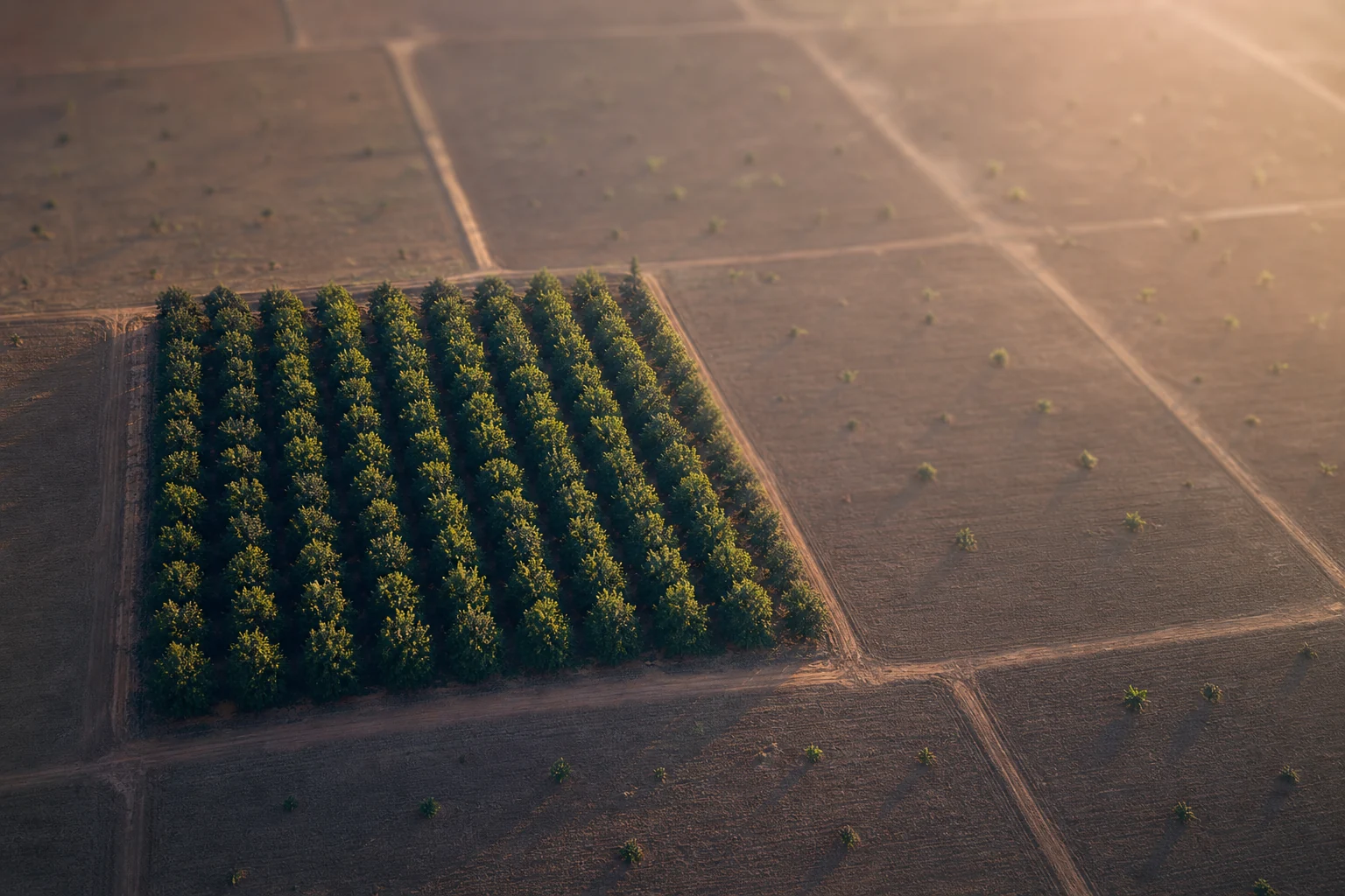 Aerial view of farmland at golden hour, one square plot densely planted with mature trees in sharp focus while the surrounding plots hold only sparse young saplings on bare soil