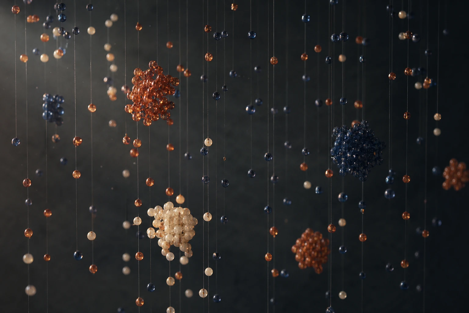 Hundreds of small glass beads in terracotta, indigo and cream suspended at different heights on invisible threads inside a dark box, forming a three-dimensional point cloud with dense clusters and a few isolated beads