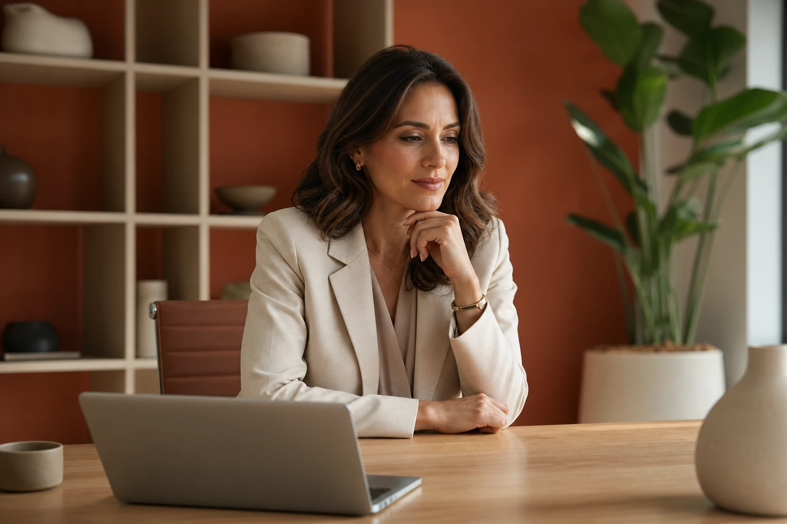 A business leader reviewing her company's strategy to stay visible inside AI tools