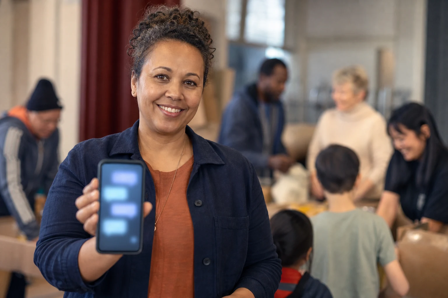 Bénévole d'une association locale consultant un assistant IA sur son smartphone, entouré d'autres bénévoles dans une salle associative