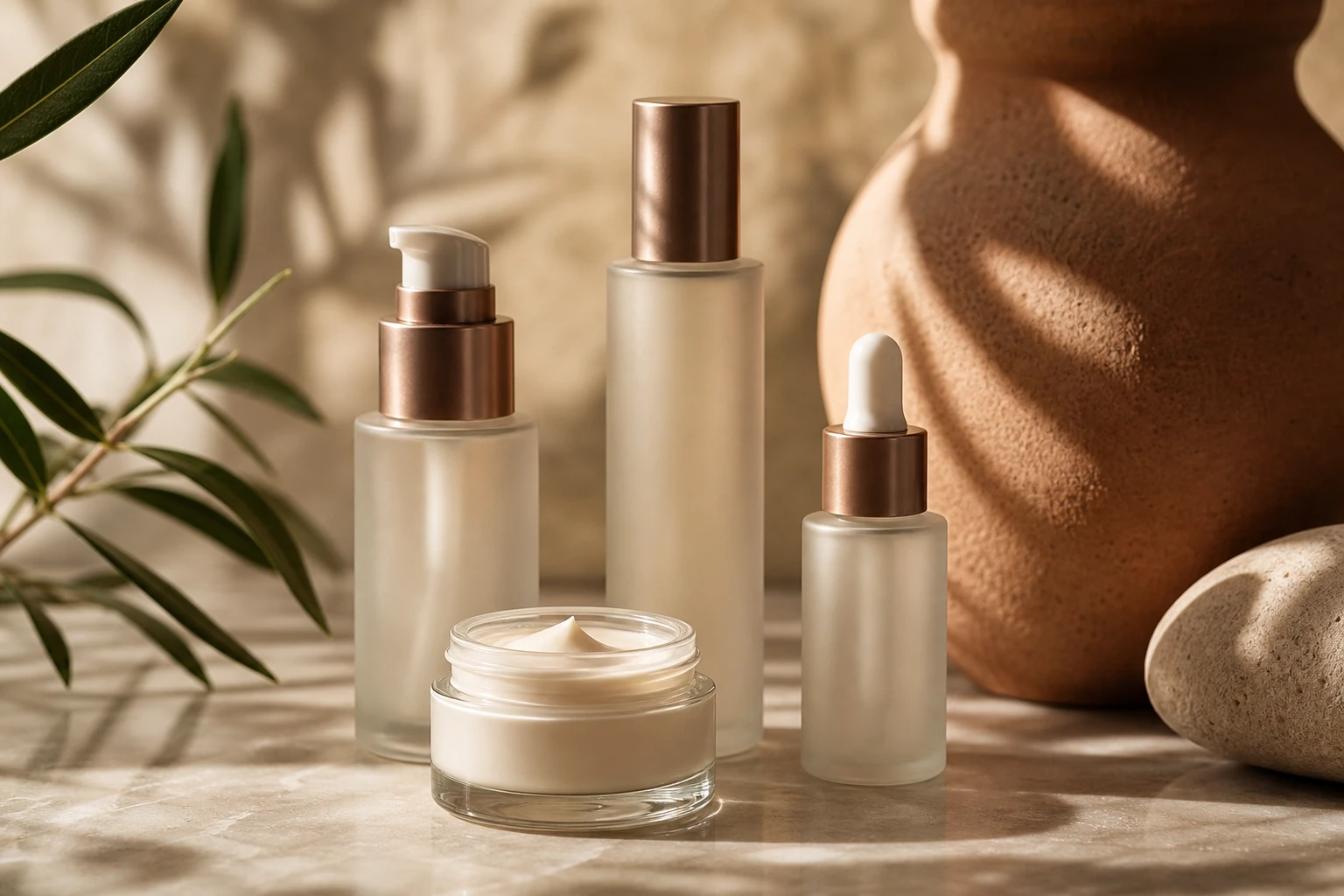 A calm cosmetics studio still life with unbranded skincare bottles and a cream jar in soft daylight, evoking a beauty brand made visible to AI search