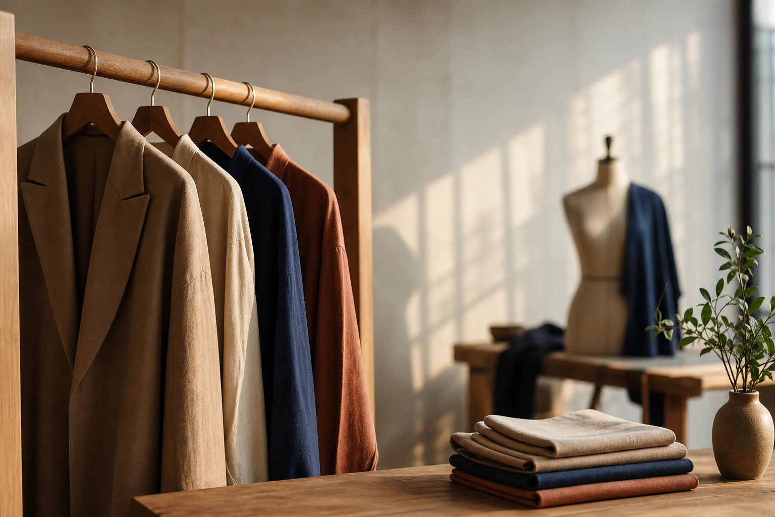 A calm fashion studio atmosphere with fabric and a garment rail in soft light, evoking a brand made visible to AI search