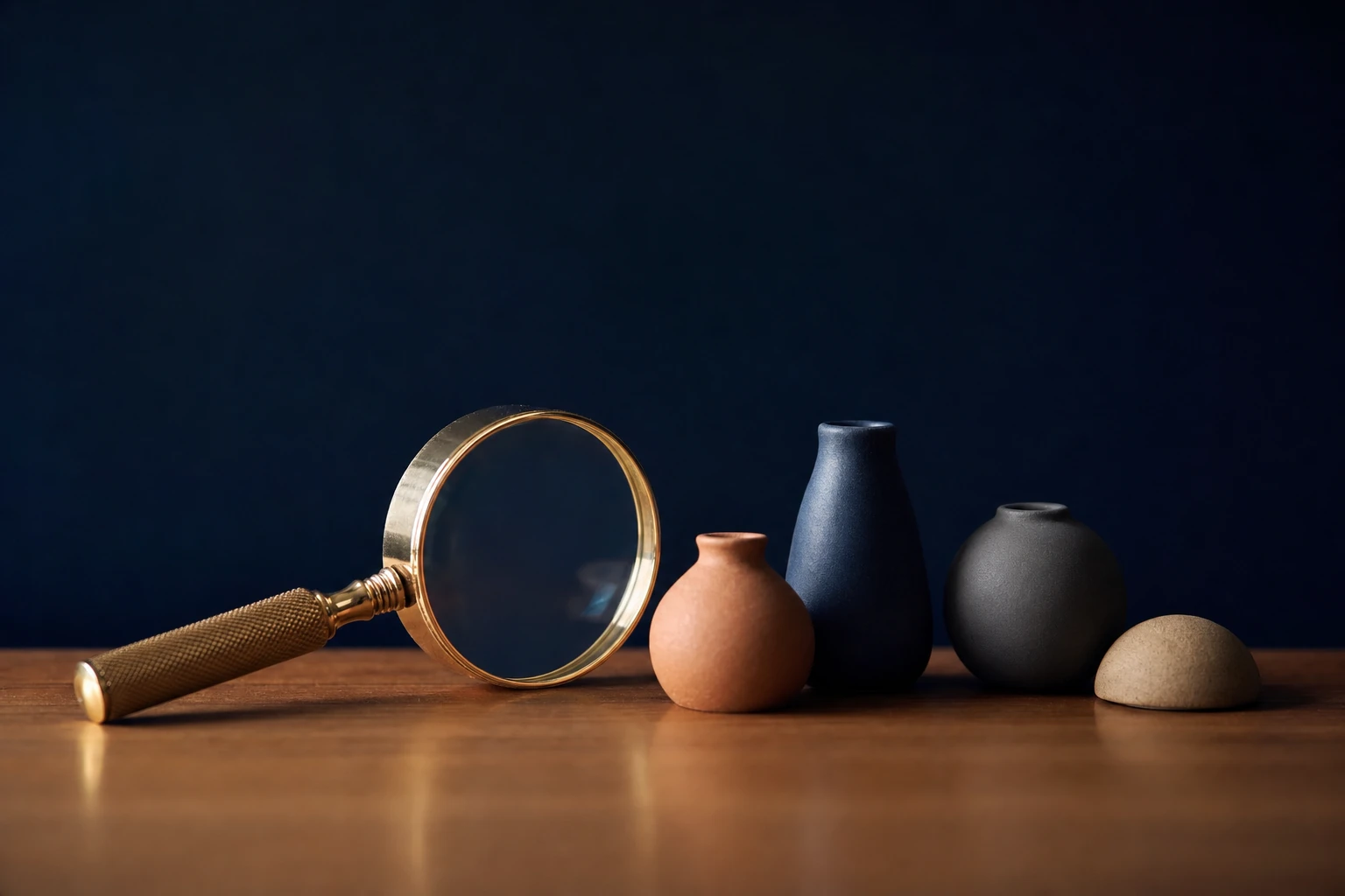 A brass magnifying glass placed near carefully arranged objects, an image evoking the careful selection of a GEO agency