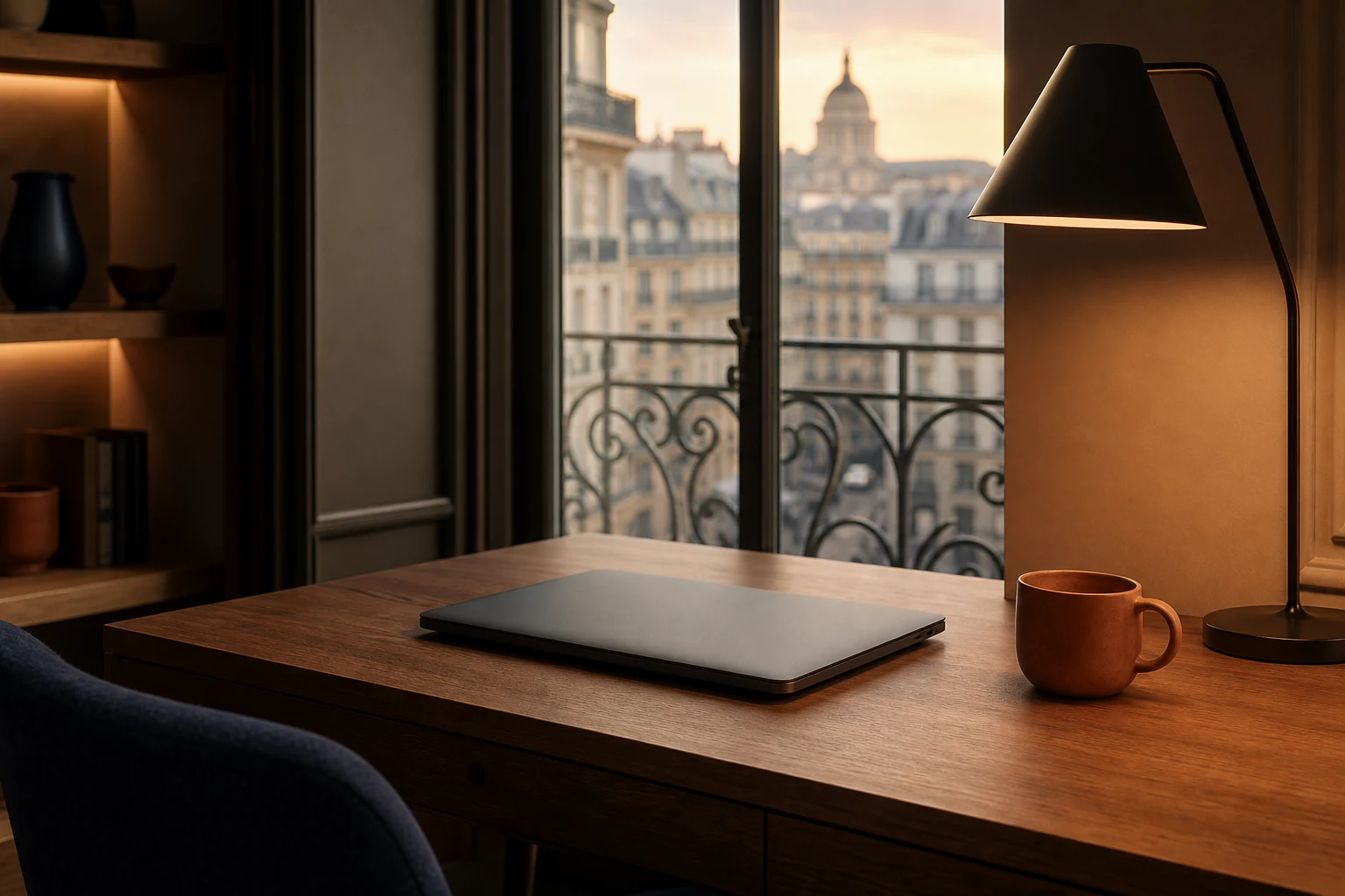 Bureau parisien calme avec un ordinateur portable fermé, illustrant le choix d'un outil GEO