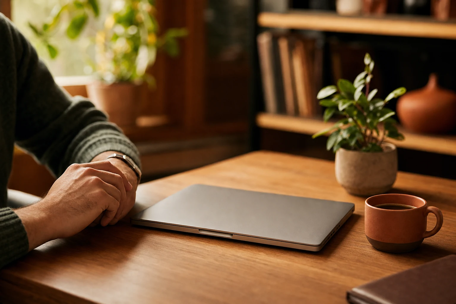 Workspace of a writer producing content assisted by artificial intelligence, in natural light, a clean desk