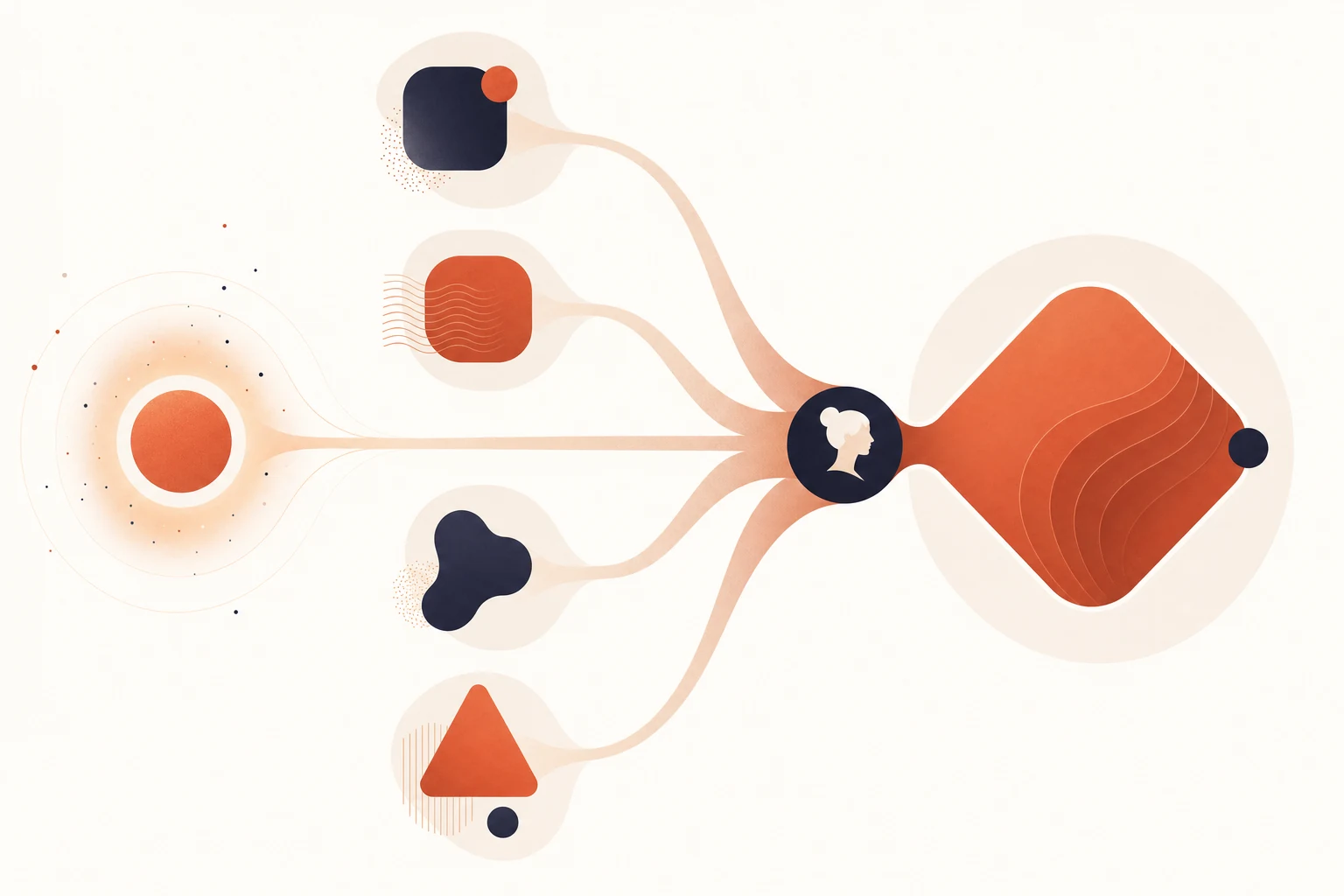 Abstract illustration of a content production flow where several drafts converge into a single quality piece