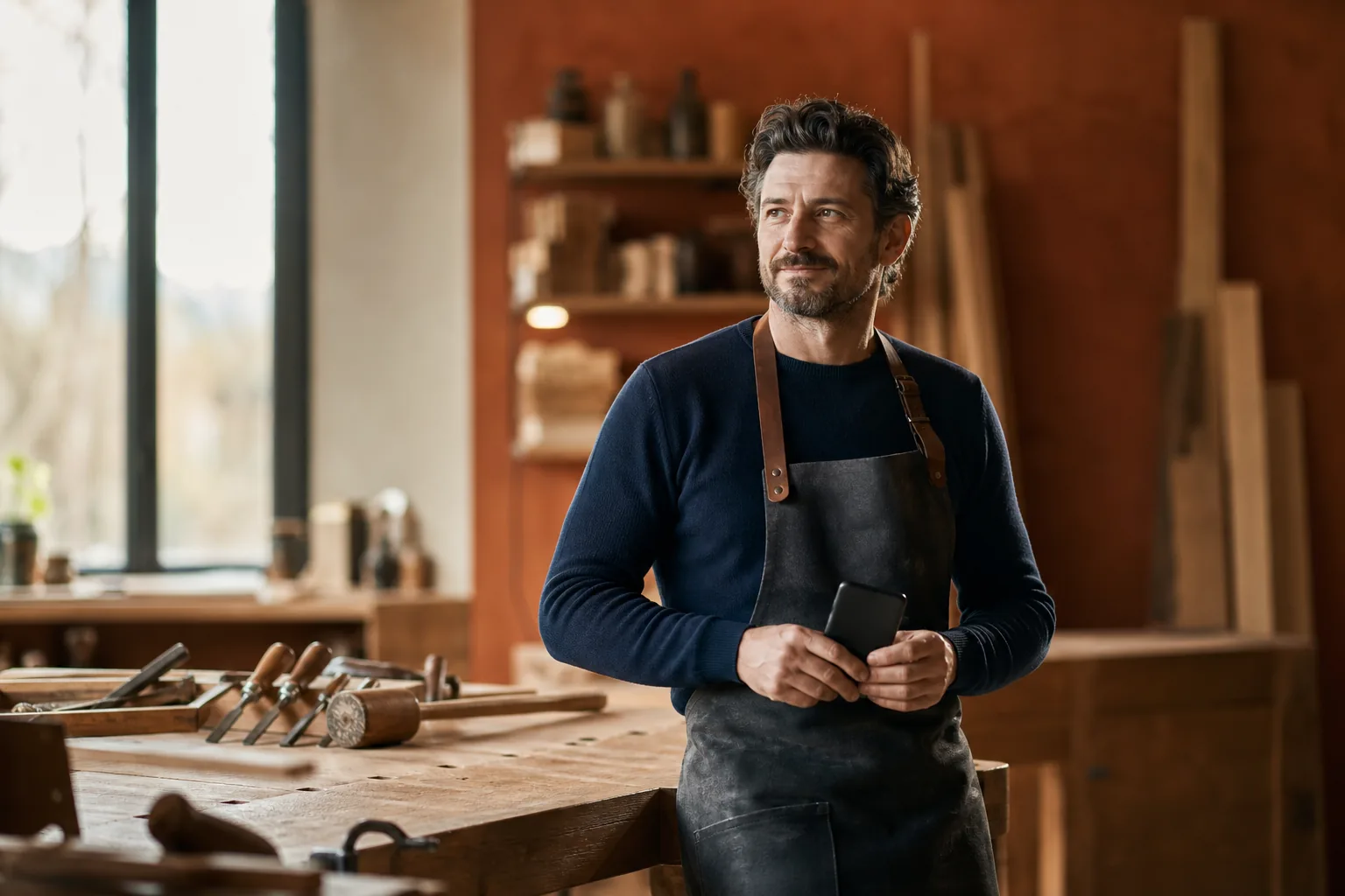 Artisan menuisier dans son atelier, consultant son téléphone pendant que son entreprise se rend visible en ligne